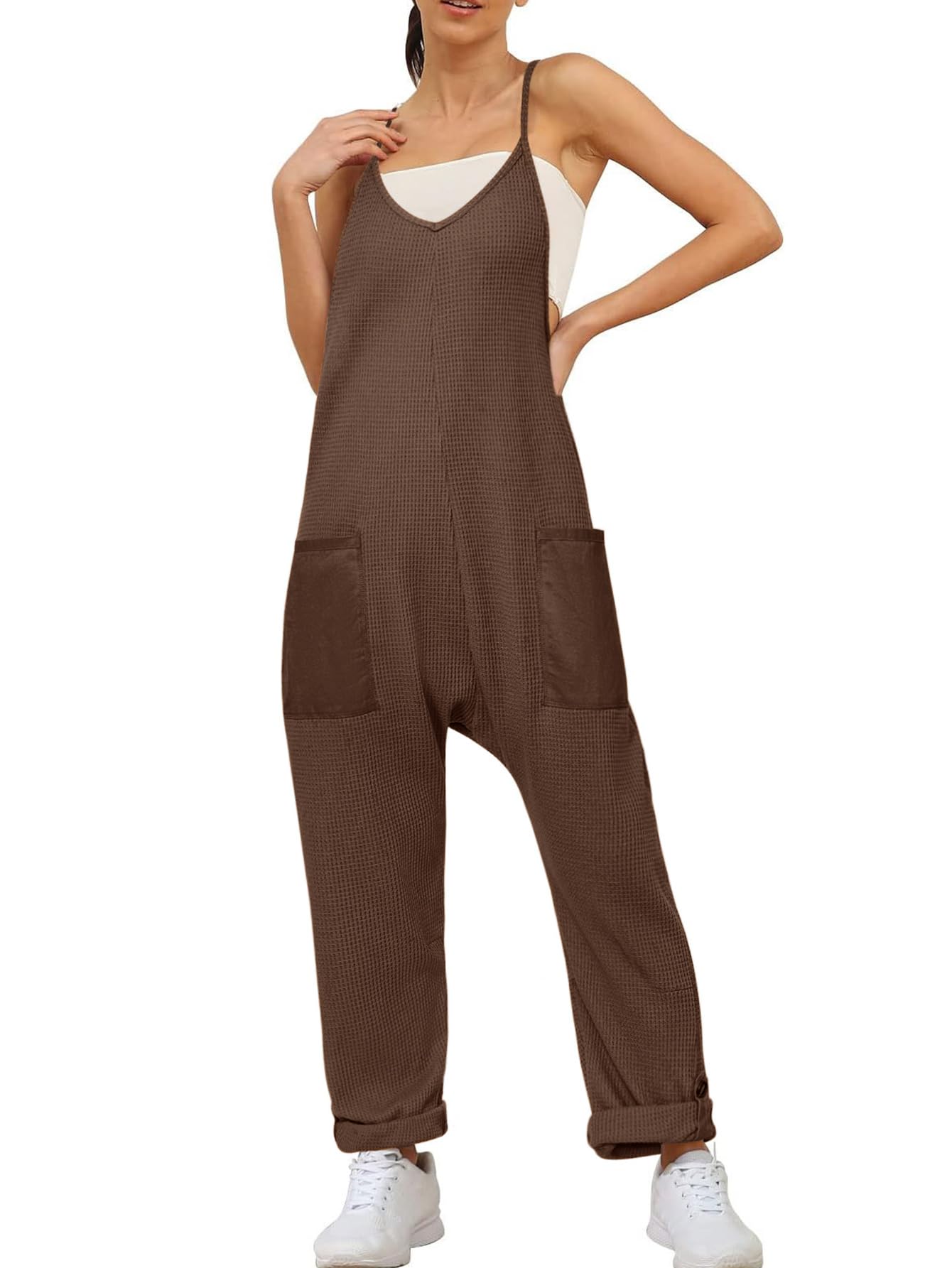 Glamaker Women's Casual Waffle Knit Jumpsuit - Loose Fit Spaghetti Strap Overalls, Baggy Sleeveless Maternity Romper for Summer Outfits, Beach Wear & Pregnancy Comfort