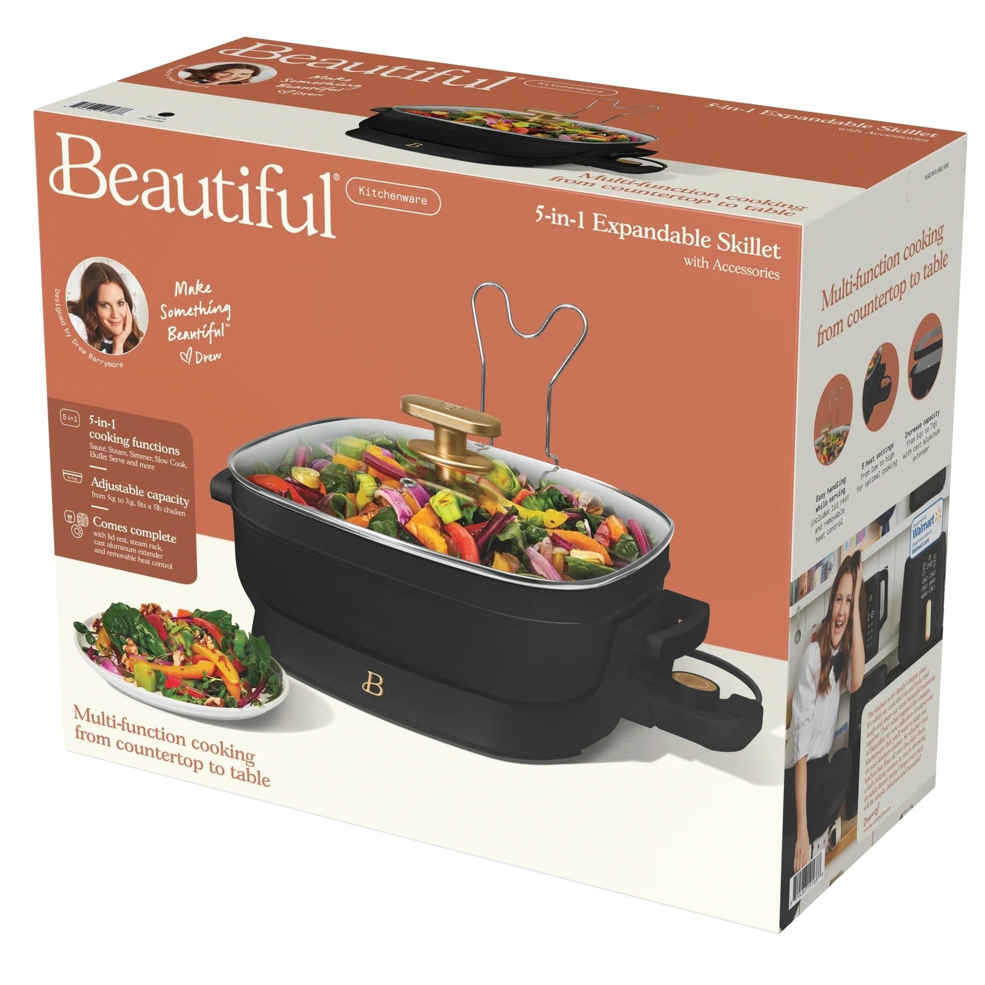 5-in-1 Electric Skillet with Glass Lid - Expandable to 7 Qt, Nonstick Ceramic Cookware, Black Sesame Color by Drew Barrymore - Perfect for Frying, Sautéing, Steaming, Slow Cooking & More in Small Kitchens