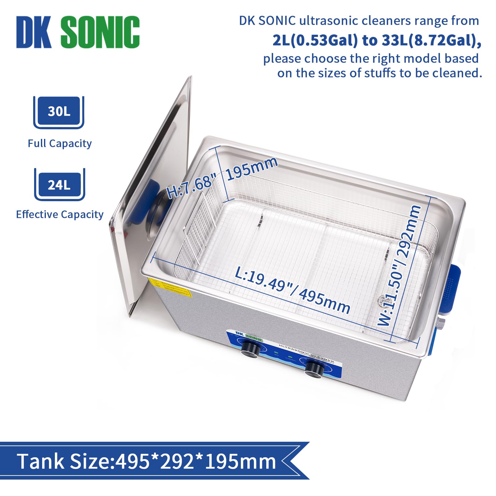 DK SONIC 30L Ultrasonic Cleaner with Timer & Heater - Stainless Steel Industrial Parts Cleaner for Guns, Jewelry, Tools (7.92Gal/110V) - Perfect for Home Workshops, Dental Labs & Automotive Repair Shops