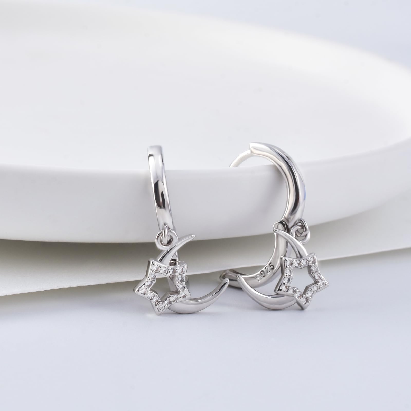 Moon and Star Hoop Earrings for Women - Sterling Silver Dangle Drop Tassel Earrings - Fashion Jewelry Gift for Daughter, Girlfriend, Mom - Perfect for Date Night, Parties & Everyday Wear
