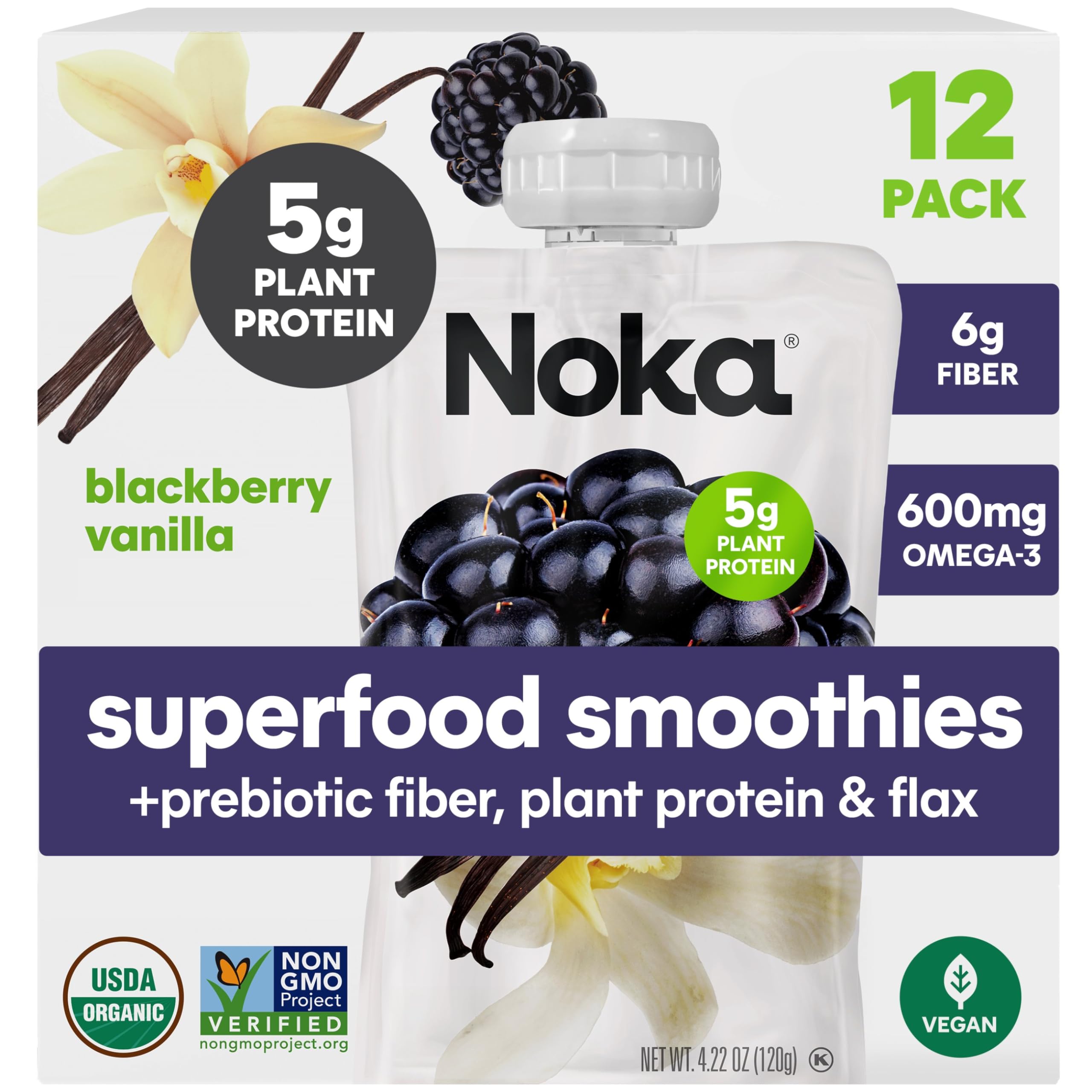 Organic Blackberry Vanilla Superfood Smoothie Pouches - Vegan, Gluten-Free Snacks with Flax Seed, Plant Protein & Prebiotic Fiber | Healthy On-the-Go Fruit Puree for Kids & Adults | 4.22 oz (12 Count) | Perfect for Lunchboxes, Hiking & Post-Workout Nutrition