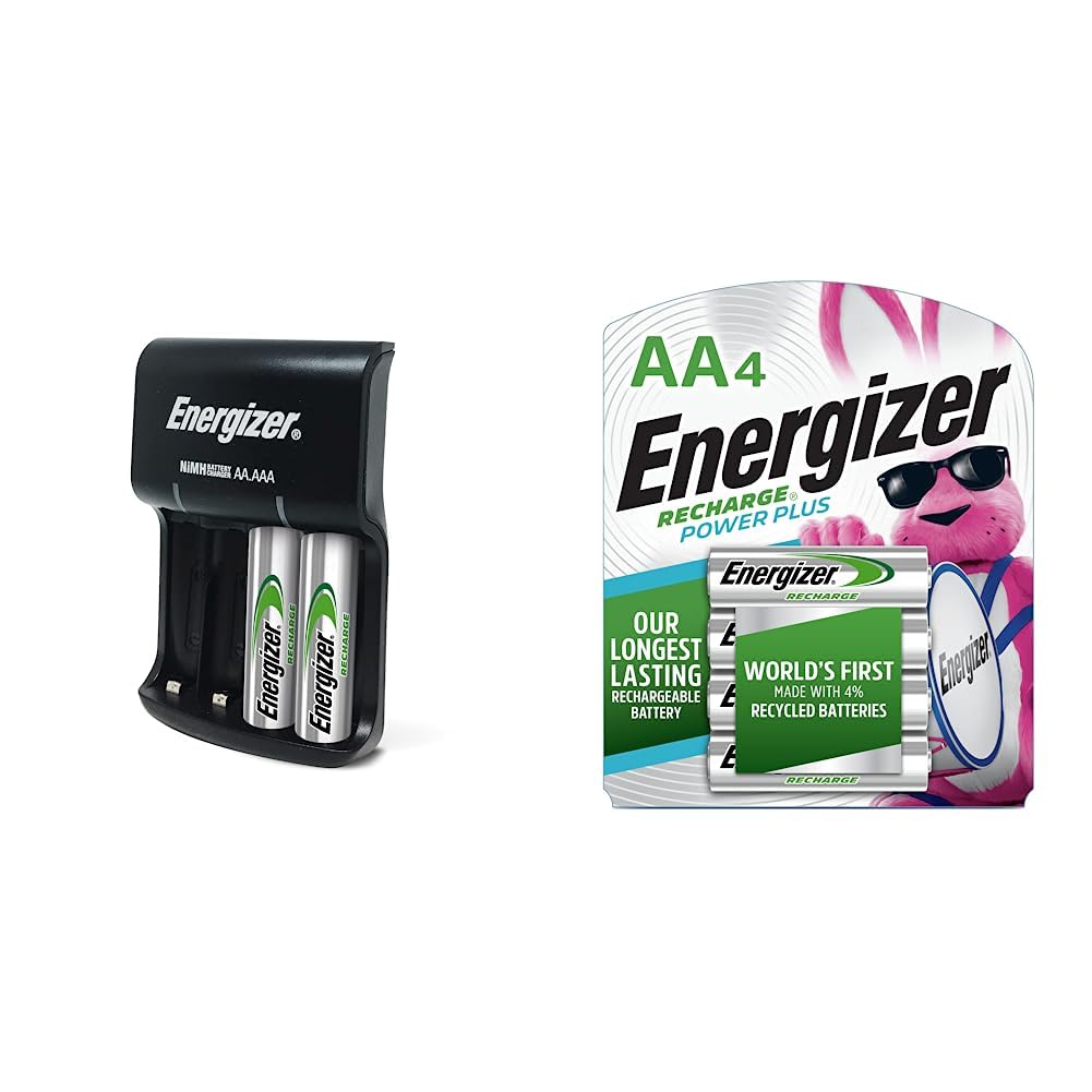 Energizer Basic AA Battery Charger with 4-Pack Power Plus Rechargeable AA Batteries - Fast Charging for Cameras, Game Controllers & Electronics