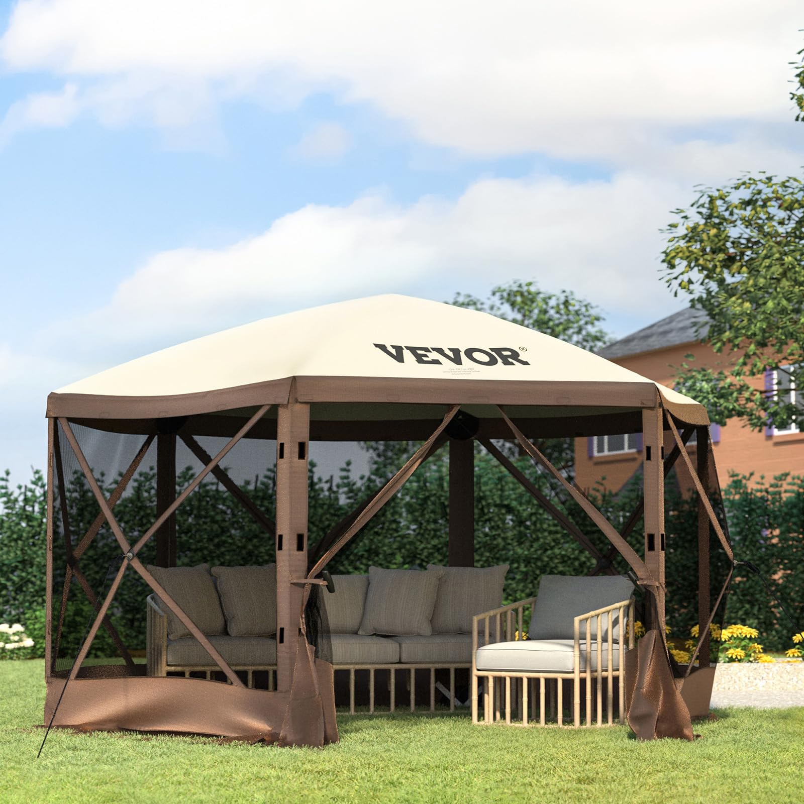 VEVOR 12x12ft 6-Sided Pop Up Canopy Tent with Mesh Windows & Carry Bag - Portable Outdoor Shade Shelter for Camping, Beach, Backyard, Picnics, Parties (Brown/Beige) - Includes Stakes & Windproof Design