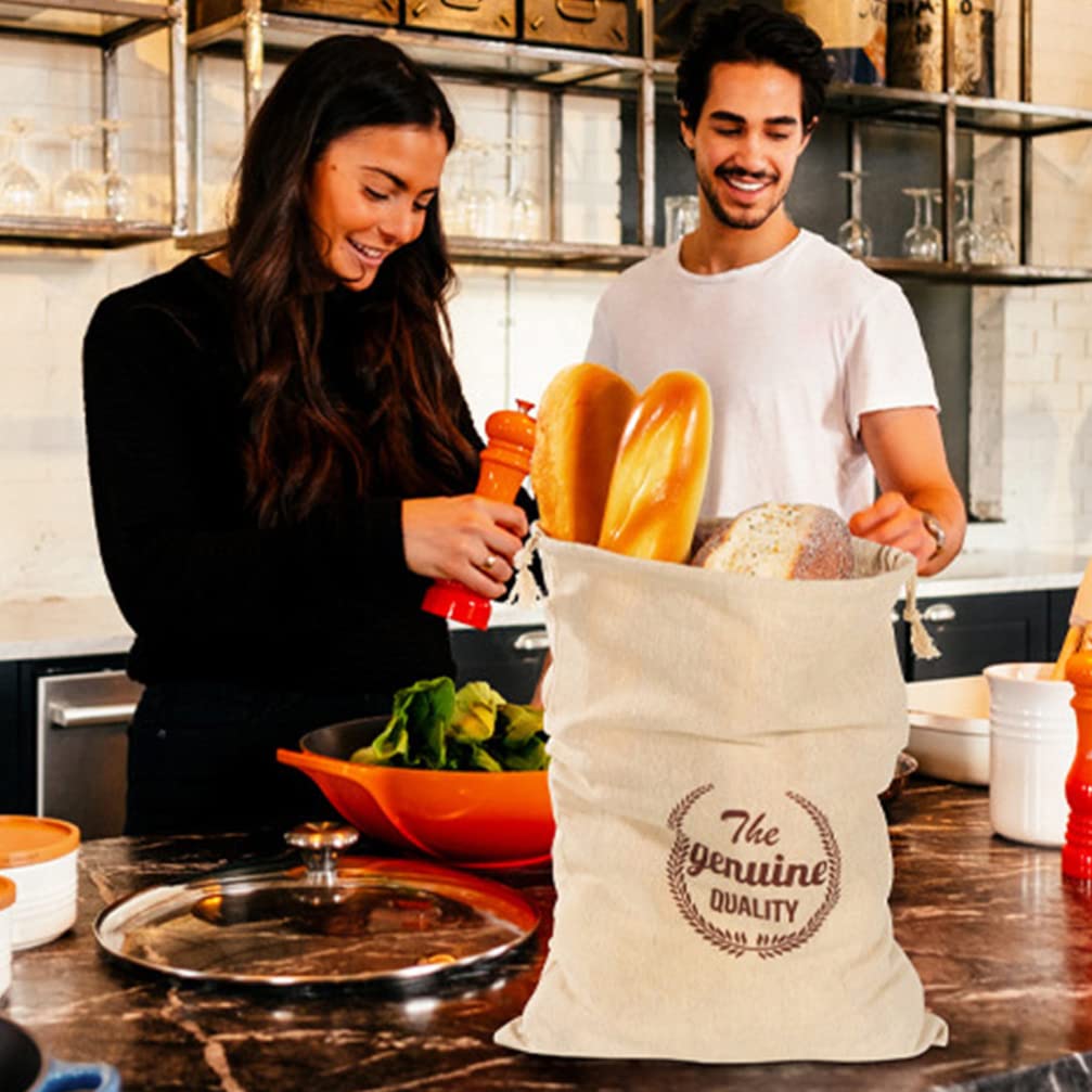 2-Pack Unbleached Linen Bread Bags - Reusable Bread Storage Pouches & Produce Bags for Bakery, Challah, Fruits - Eco-Friendly Cloth Shopping & Food Container Bags (Perfect for Homemade Bread, Groceries & Farmers Market)