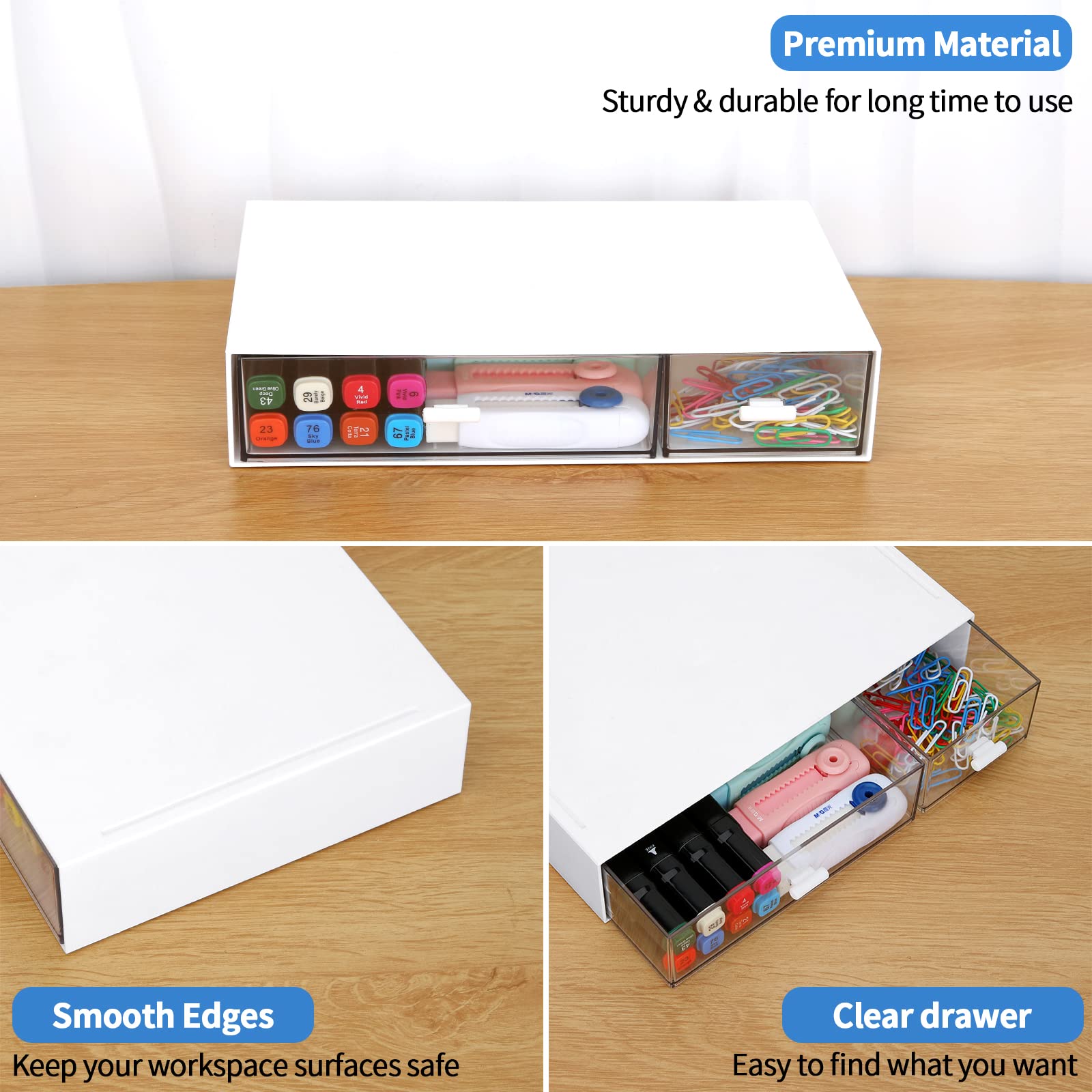 LETURE Stackable Desk Organizer - 2 Drawer Plastic Storage for Office, School & Home | Organize Pens, Pencils, Markers & Makeup Supplies | Perfect for Workspace, Study Desk & Vanity Organization (White)