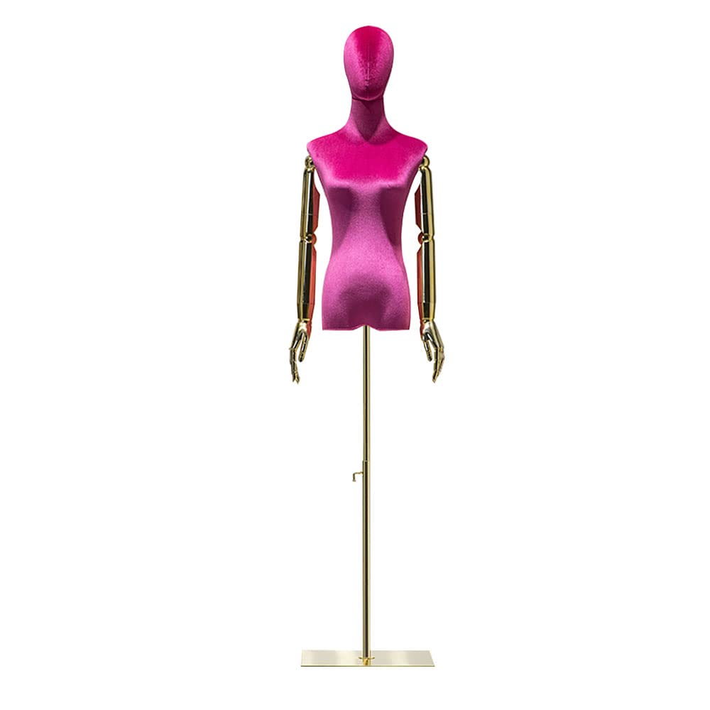 Rose Red Velvet Dress Form Mannequin - Female Half Body Torso with Golden Arms for Fashion Display | Perfect for Boutique, Window Display & Photography (Dark Shining Velvet)