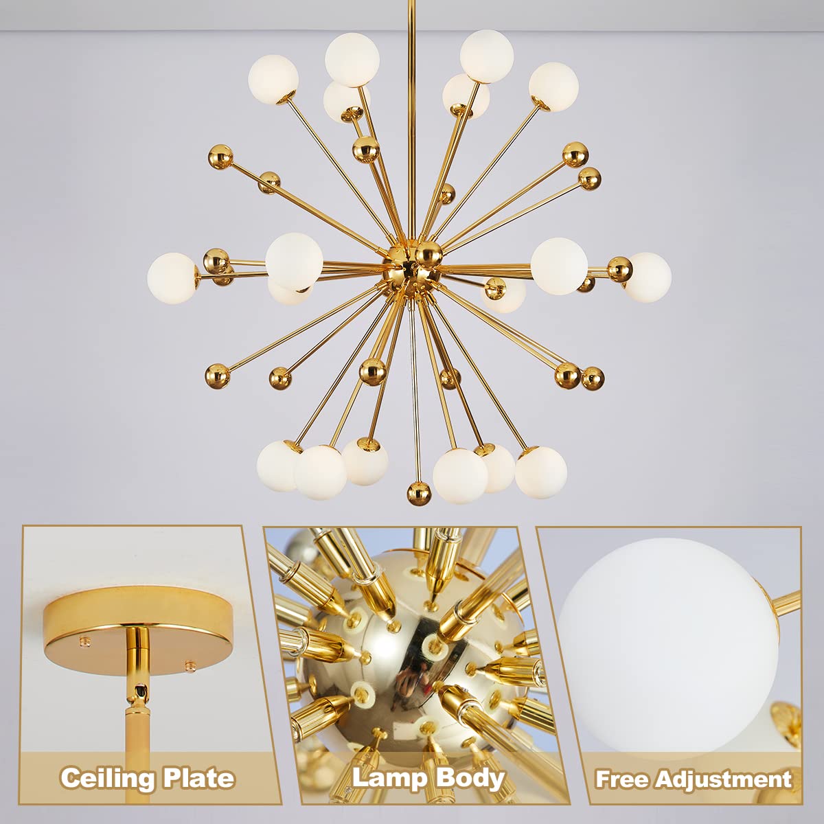 Modern Gold 12-Lights Sputnik Chandelier - Mid Century Starburst Chandelier with White Globe Glass & Brass Finish - Large Kitchen Island Pendant Lighting for Dining Room, Living Room, and Bedroom Decor