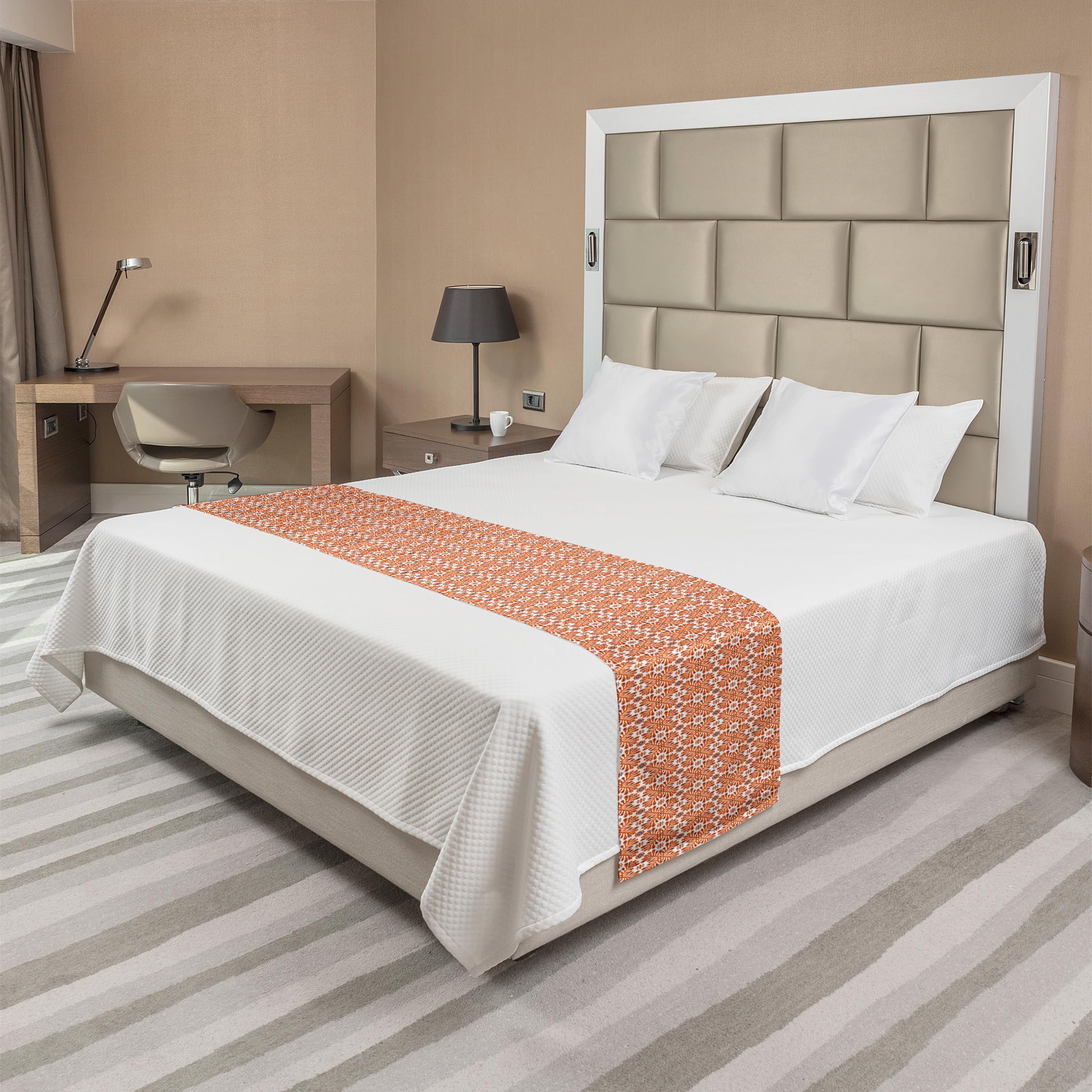 Ambesonne Scandinavian Bed Runner with Floral Folk Art Motifs in Tangerine & Burnt Sienna - Decorative Bedding Scarf for Hotels, Homes & Guest Rooms - Perfect for Nordic Style Bedroom Decor