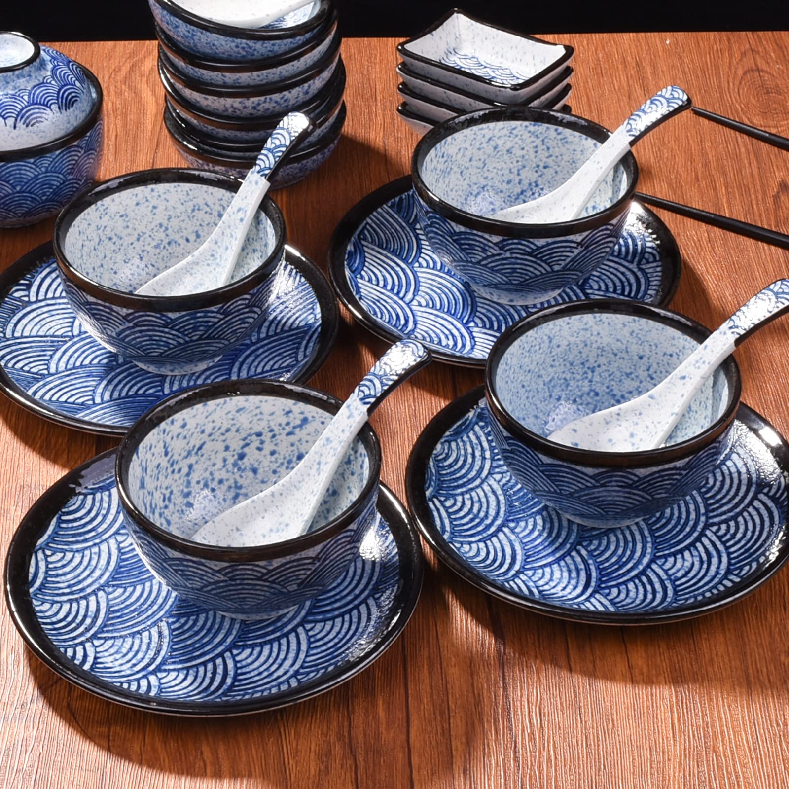 7 Inch Microwave & Dishwasher Safe Japanese Ceramic Plates - Set of 4 Blue Wave Pattern Dinner Plates for Salads, Pasta, Cheese, Ham & Antipasti | Perfect for Home Dining, Parties & Restaurant Use