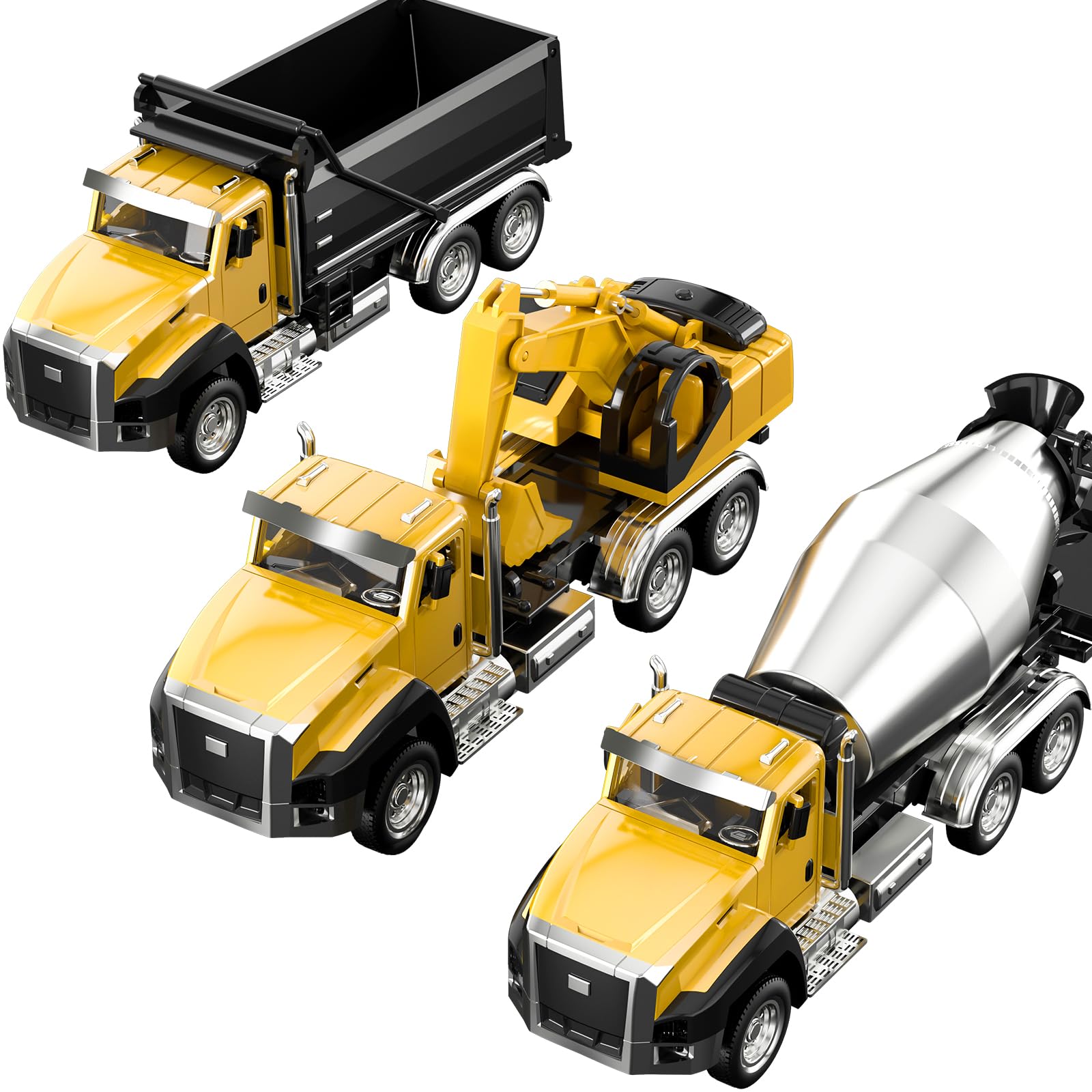 TEMI 3-Pack Diecast Construction Vehicles Set - 1/50 Scale Metal Dump Truck, Excavator & Cement Mixer Toy Cars with Pull Back Action & Opening Doors | Collectible Model for Kids & Adults | Perfect for Playtime, Birthday Gifts & Construction Theme Decor