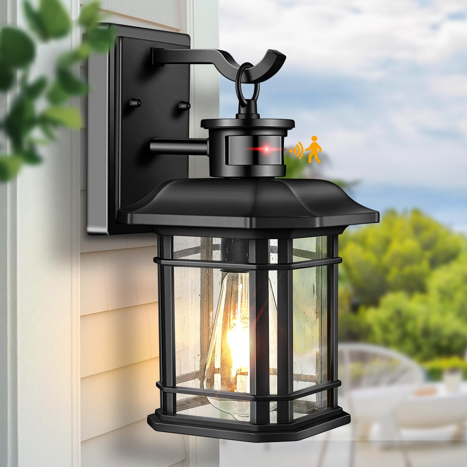 **Motion Sensor Outdoor Light Fixture - Dusk to Dawn Modern Exterior Porch Wall Light, Rust-Proof 100% Aluminum Wall Lantern, Black Farmhouse Style for Garage, Backyard, Patio & Front Door Security Lighting**