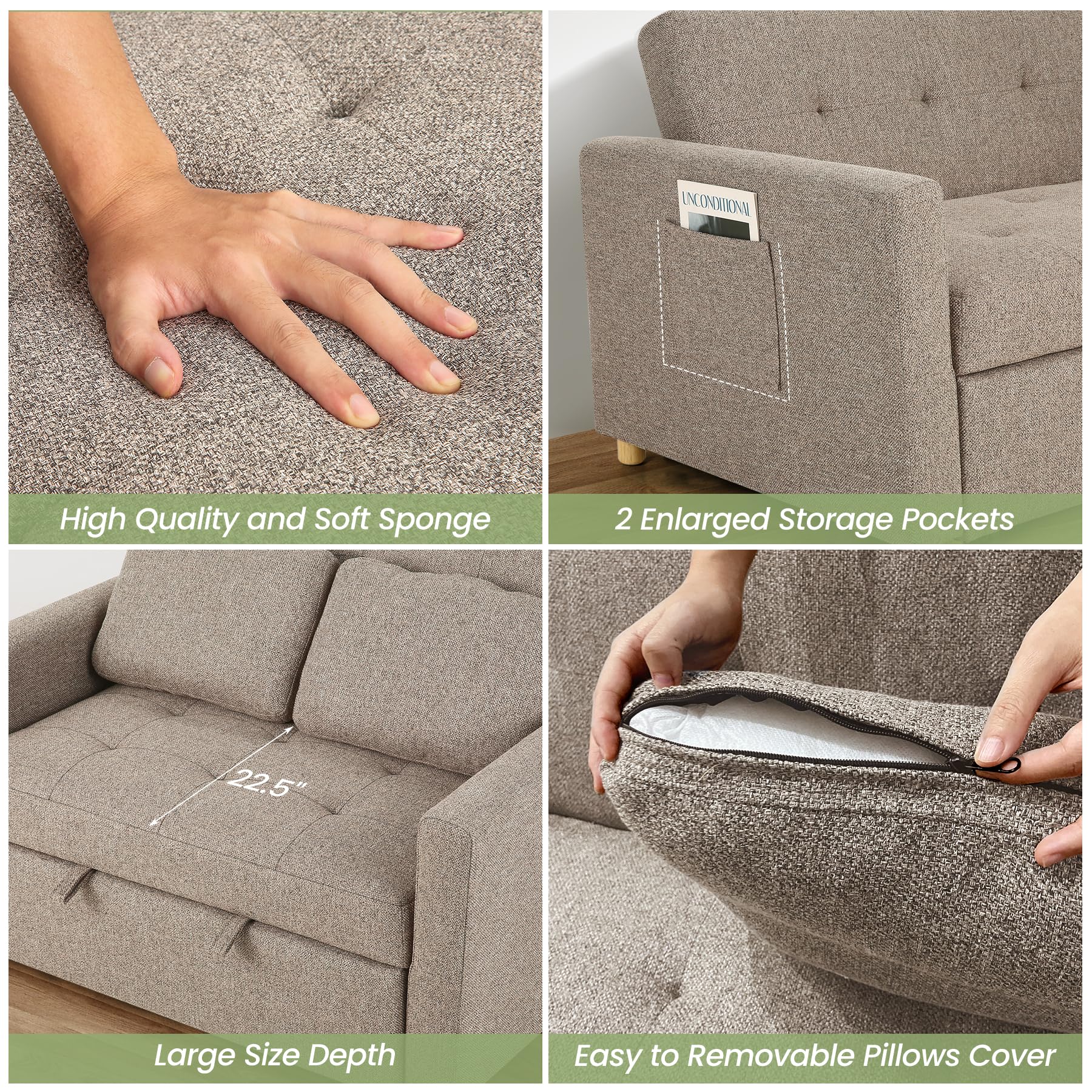 SEJOV 3-in-1 Convertible Sofa Bed with Linen Fabric - Pull Out Sleeper Couch, 49