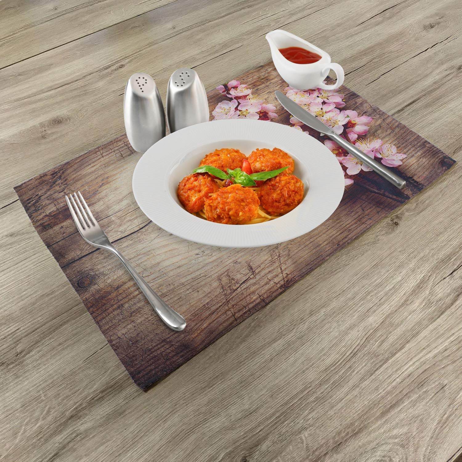 Ambesonne Floral Place Mats Set of 4 - Spring Blossom Farmhouse Style Washable Fabric Placemats for Dining Table, Brown & Pink, Standard Size - Perfect for Countryside Decor, Romantic Dinners & Spring Table Settings
