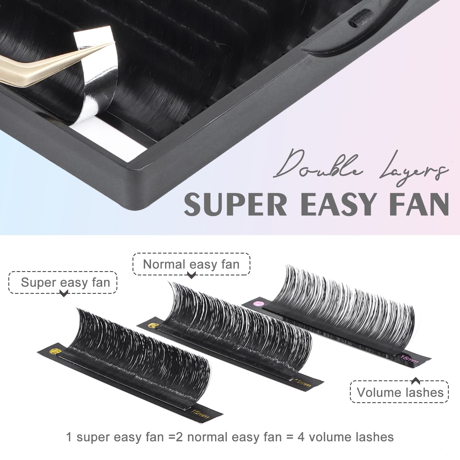 Premium 0.03mm D-Curve Eyelash Extensions - Easy Fan Volume Lashes 8-15mm for Rapid Blooming & Self-Fanning | Professional Salon Quality | Perfect for Bridal, Party & Special Occasion Makeup