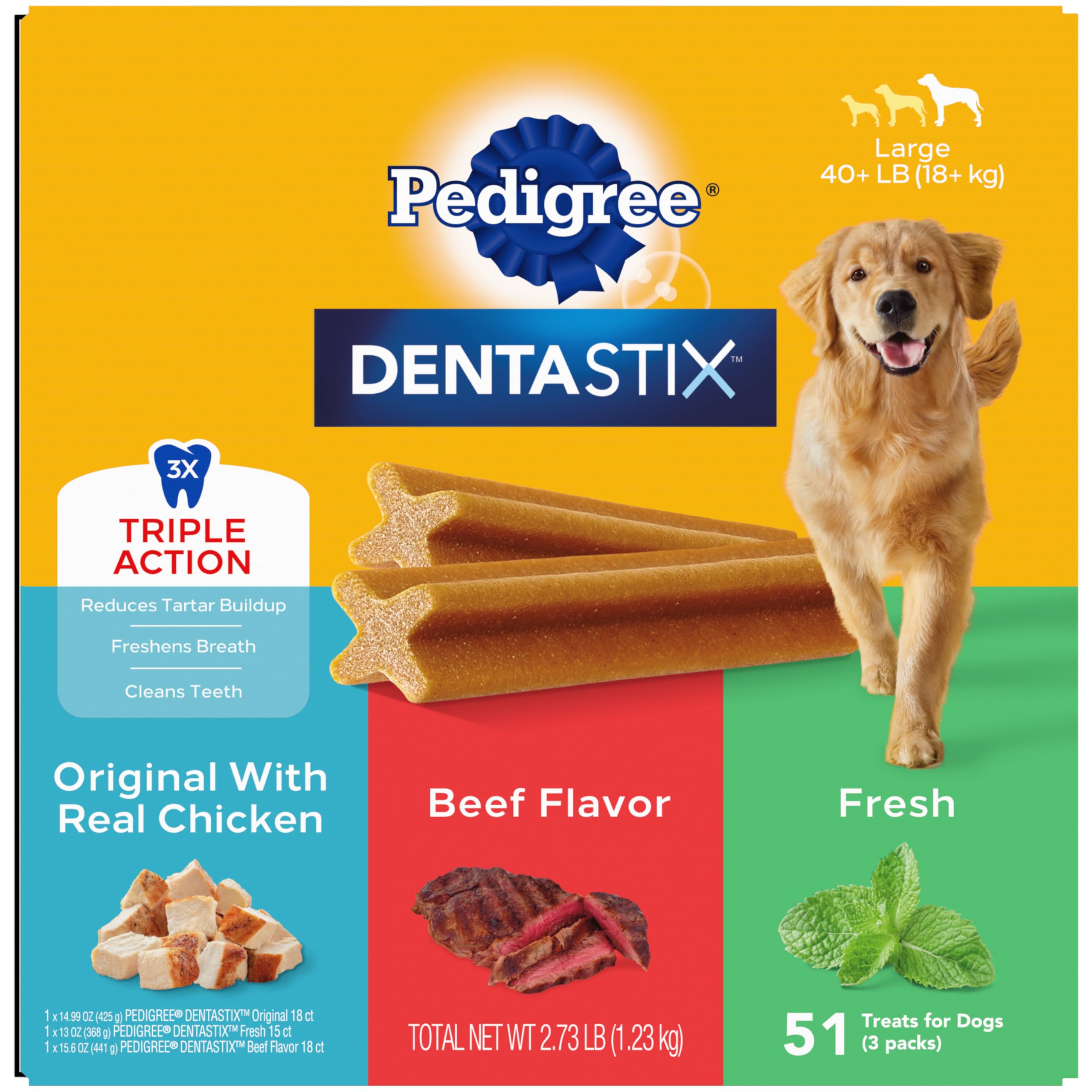 PEDIGREE DENTASTIX Large Dog Dental Treats - Beef & Fresh Flavor Variety Pack, 2.73 lb (51 Chews) | Reduces Tartar & Freshens Breath | Perfect for Daily Oral Care & Training Rewards