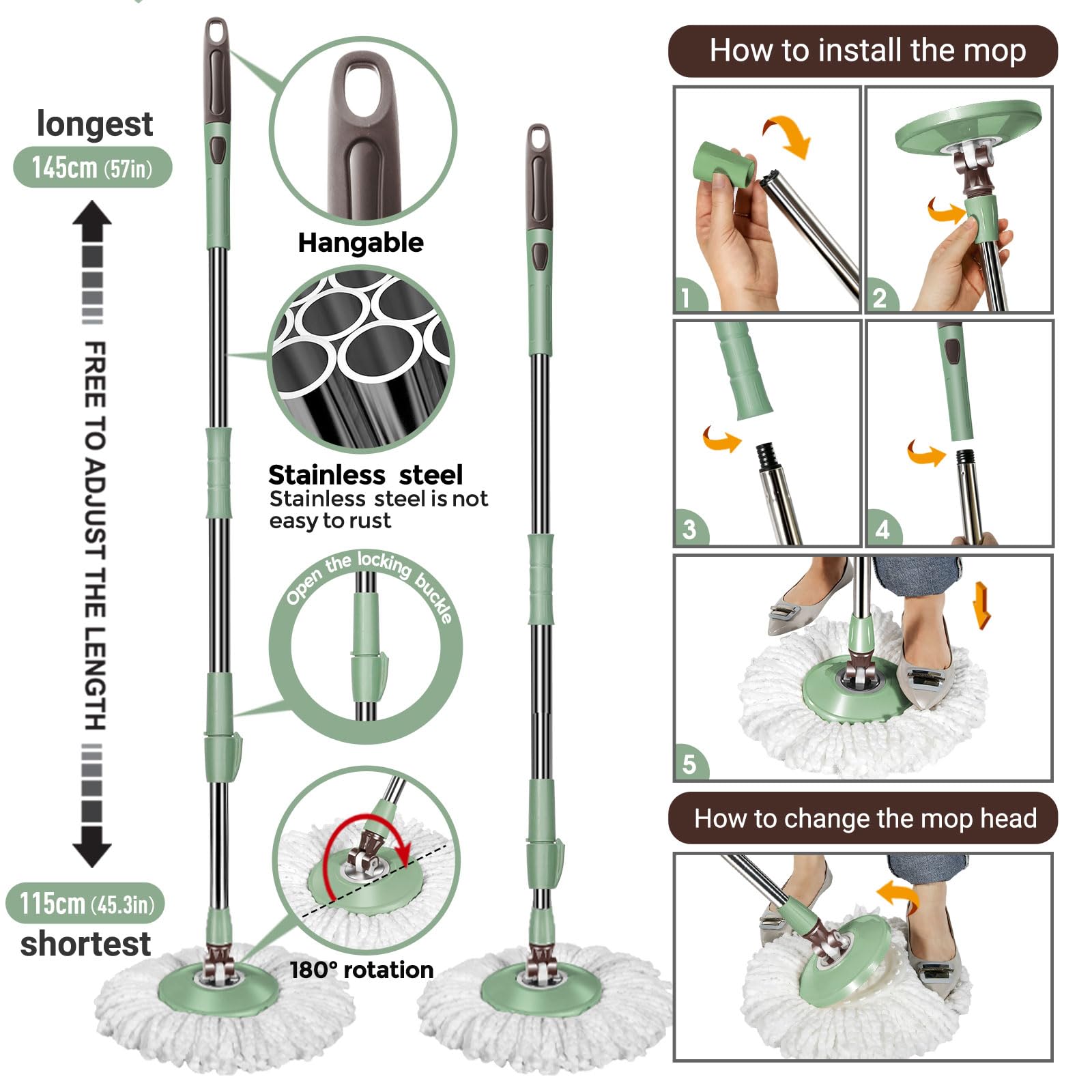 MASTERTOP Spin Mop and Bucket Set with Wringer - Floor Cleaning System with Foot Pedal, Easy Wring Spinning Mop, Adjustable Handle - Includes 5 Microfiber Mop Refills & 5 Cleaning Cloths - Perfect for Hardwood, Laminate & Tile Floors - Ideal for Kitchen, Bathroom & Household Cleaning