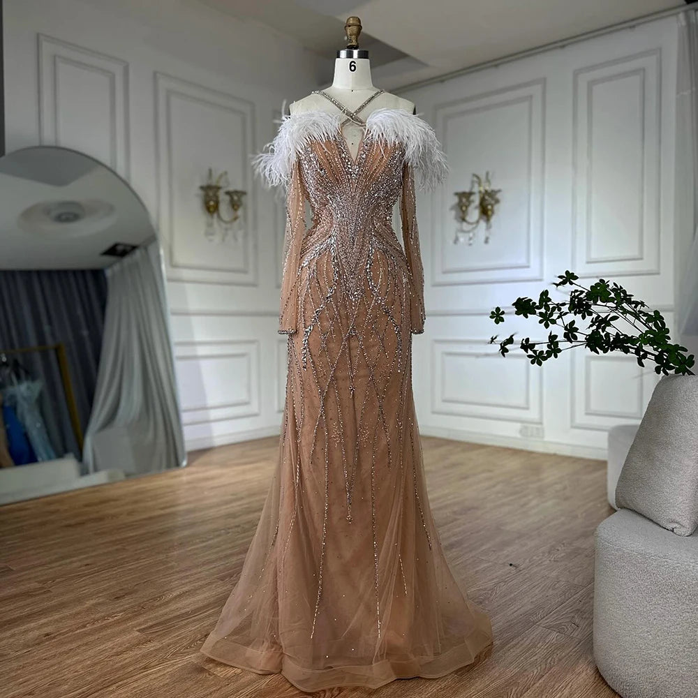 Luxury Dubai Blue Feather Beaded Mermaid Evening Gown for Women - Formal Dresses for Prom, Gala & Special Occasions - Elegant Beaded Sequin Gowns LA72836