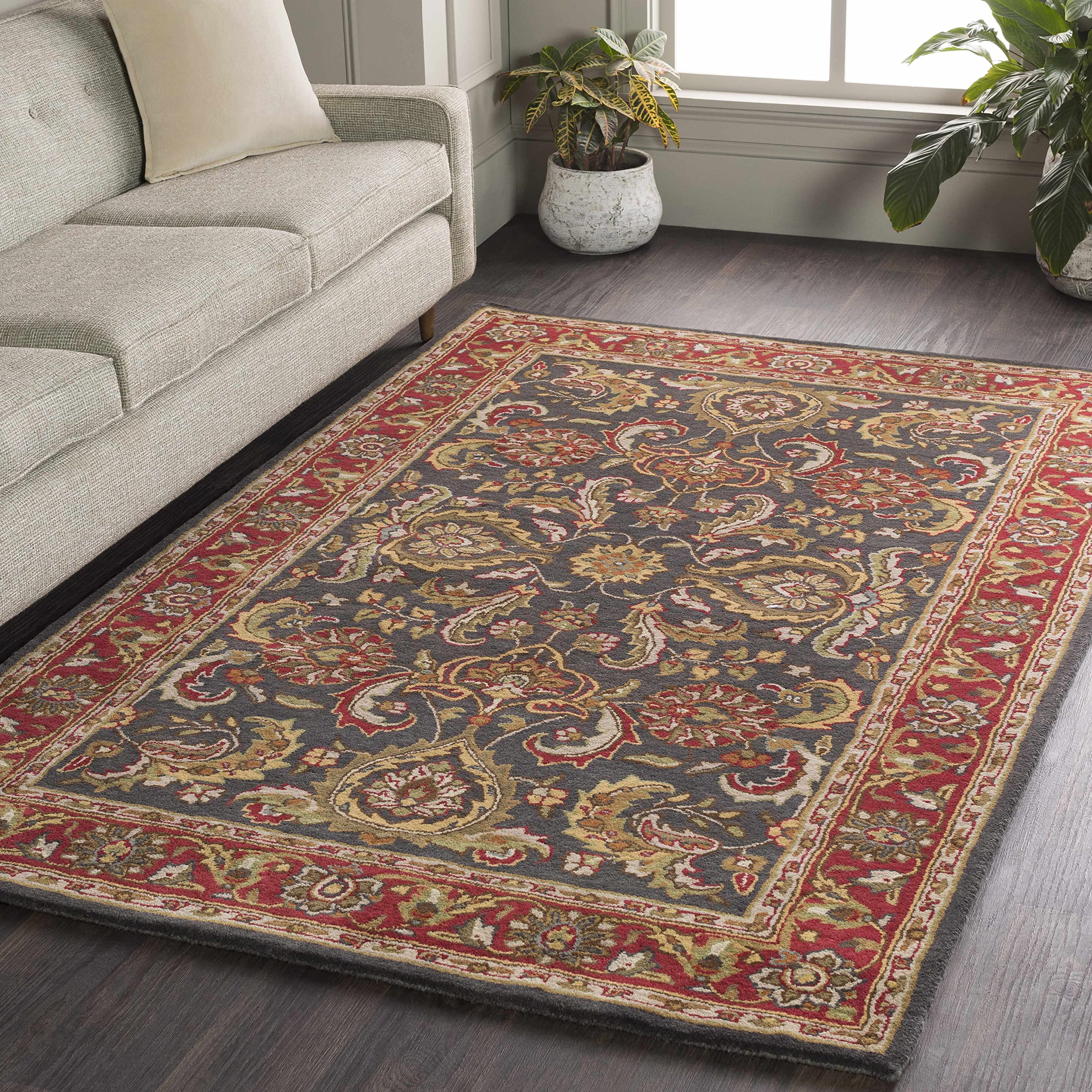 Hauteloom Bunola Wool Area Rug for Living Room & Bedroom - Traditional Handmade Round Rug in Red, Navy, Mustard - 8 Foot Round - Soft & Durable Home Decor for Cozy Spaces