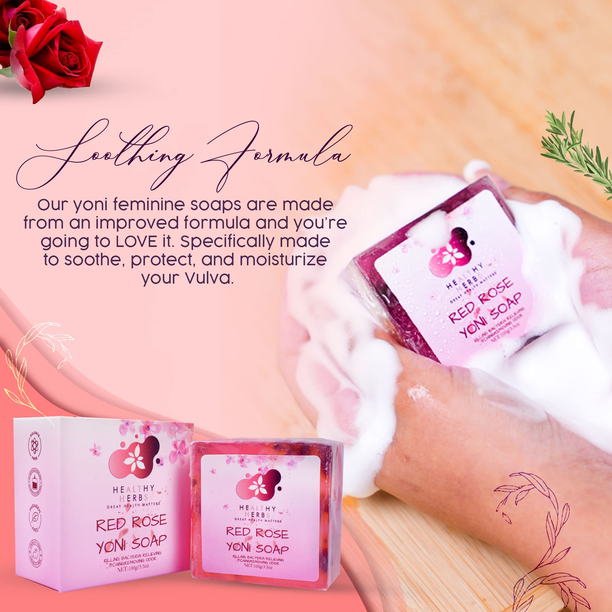 Organic Yoni Soap for Women - 100% Natural Feminine Wash Bar (3.5 oz) with pH Balance | Handmade Herbal Soap with Red Rose Extract | Eliminates Odor & Supports Vaginal Health | Perfect for Daily Intimate Care & Post-Workout Freshness
