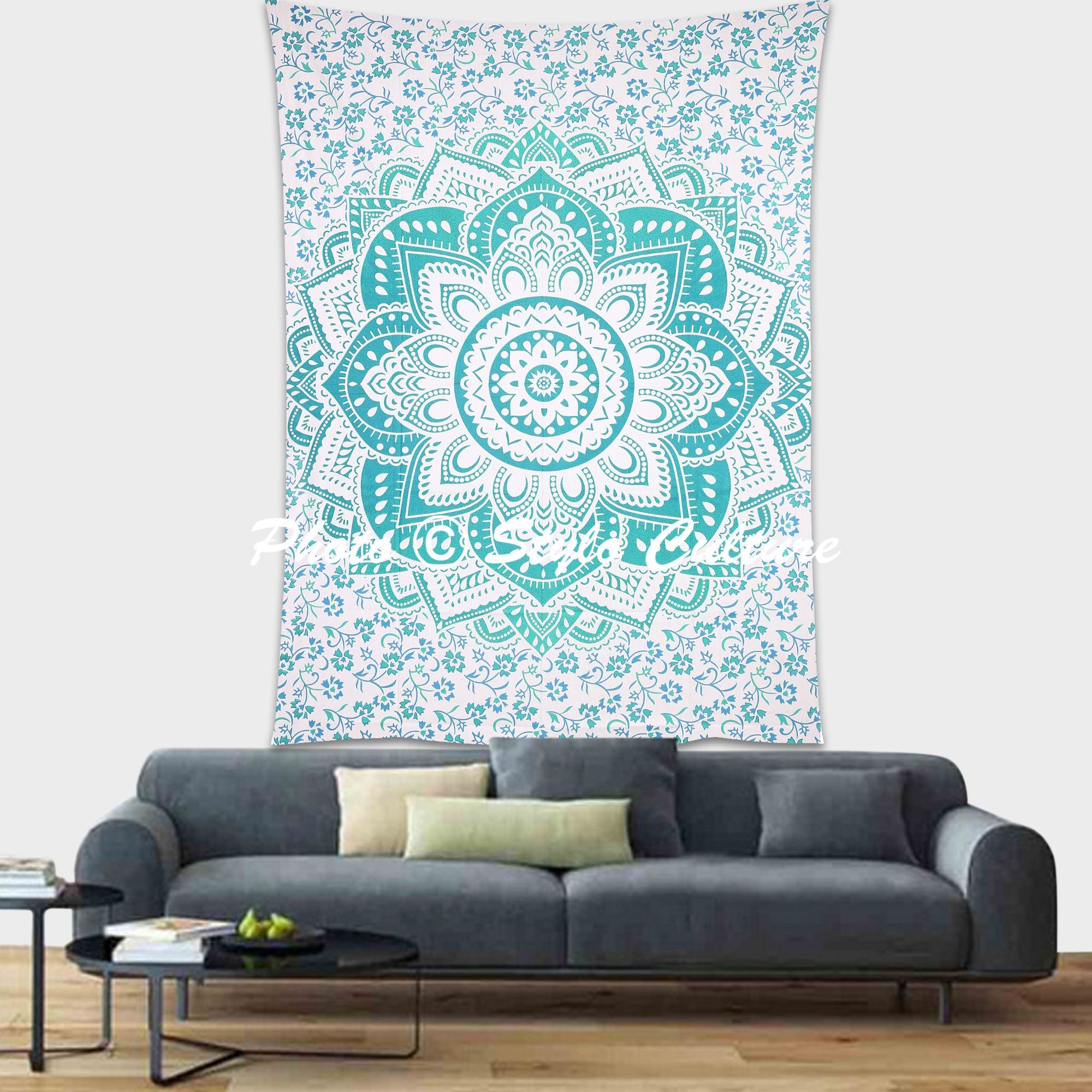 Bohemian Mandala Green Floral Wall Tapestry - Indian Yoga Meditation Decor for Bedroom, Living Room & Studio - Twin Size Printed Fabric Wall Art for Spiritual Spaces