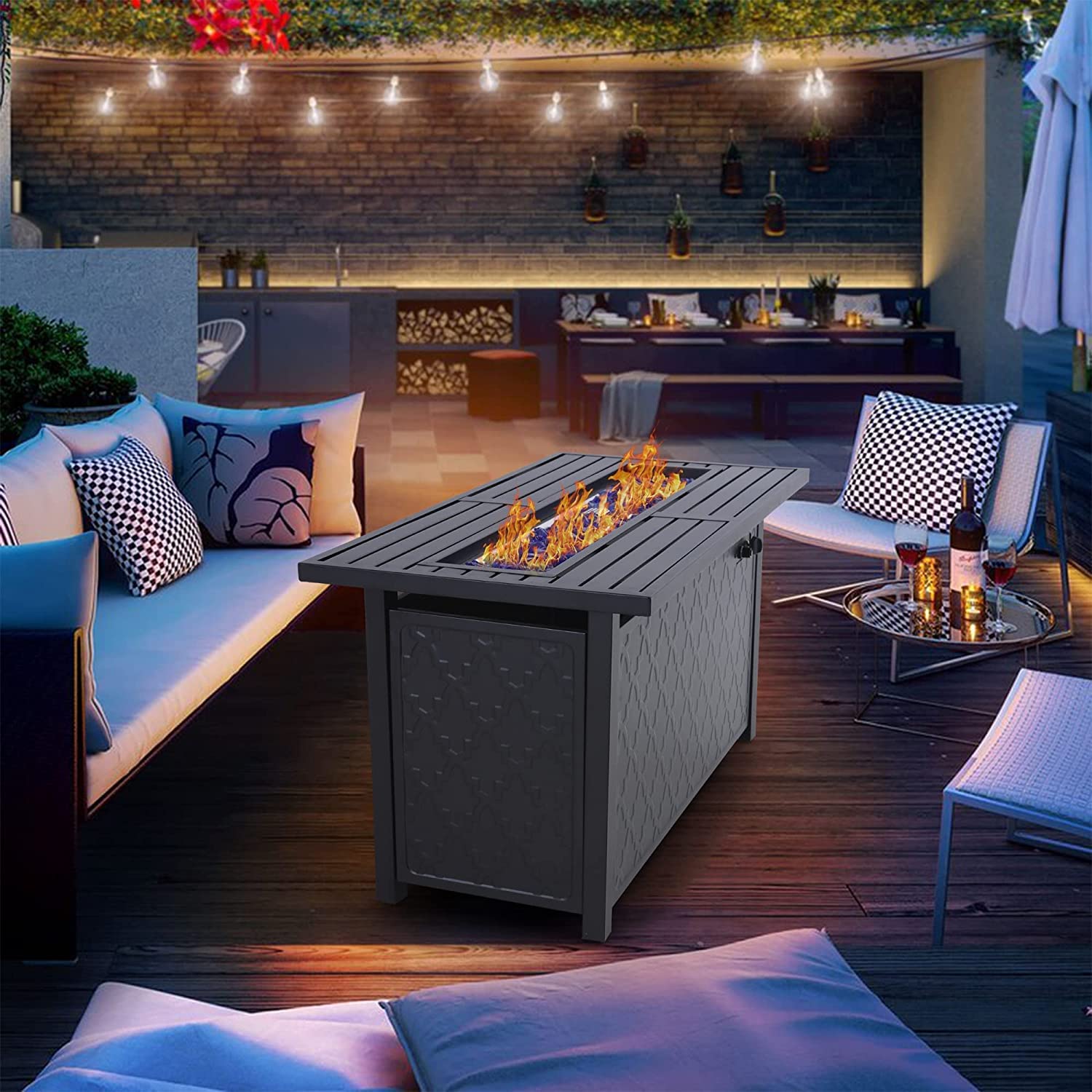 PHI VILLA 45-Inch Large Rectangular Outdoor Propane Fire Pit Table - 50,000 BTU Patio Heater with Lid & Blue Fire Glass - Perfect for Backyard, Deck, Garden Gatherings (Black)