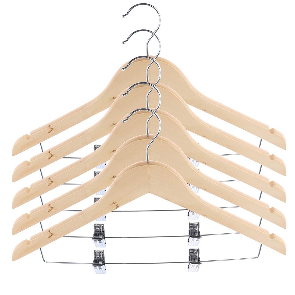 Premium 5-Pack Wooden Clothes Hangers for Coats, Suits & Garments - Heavy Duty Wood Hanger with Clips for Wardrobe Organization | Ideal for Home, Closet & Retail Store Display