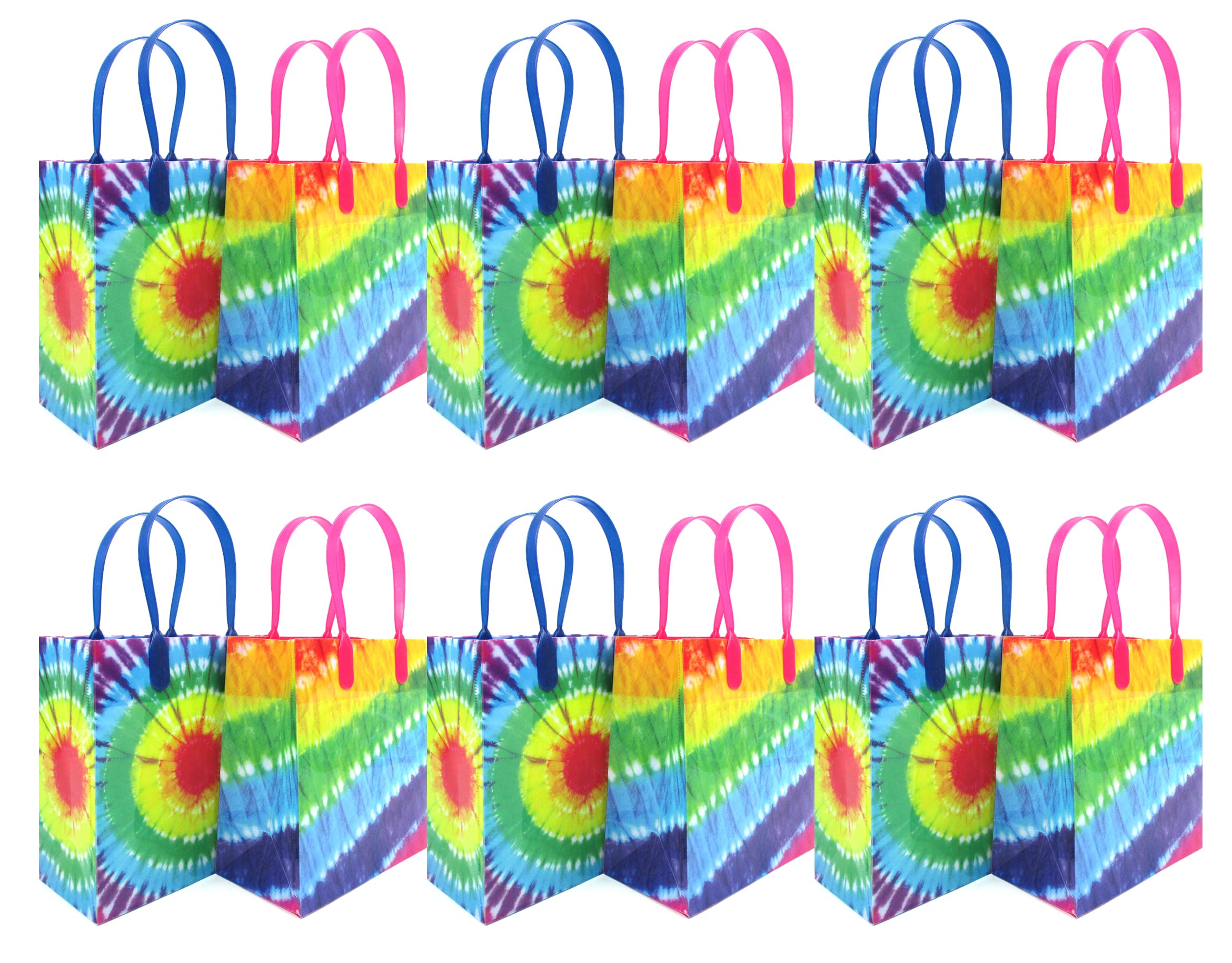 TINYMILLS Rainbow Tie Dye Party Favor Bags - 70s Themed Goodie Bags with Handles for Birthday Parties, Baby Showers & School Events (Pack of 12) - Perfect for Candy, Gifts & Party Favors