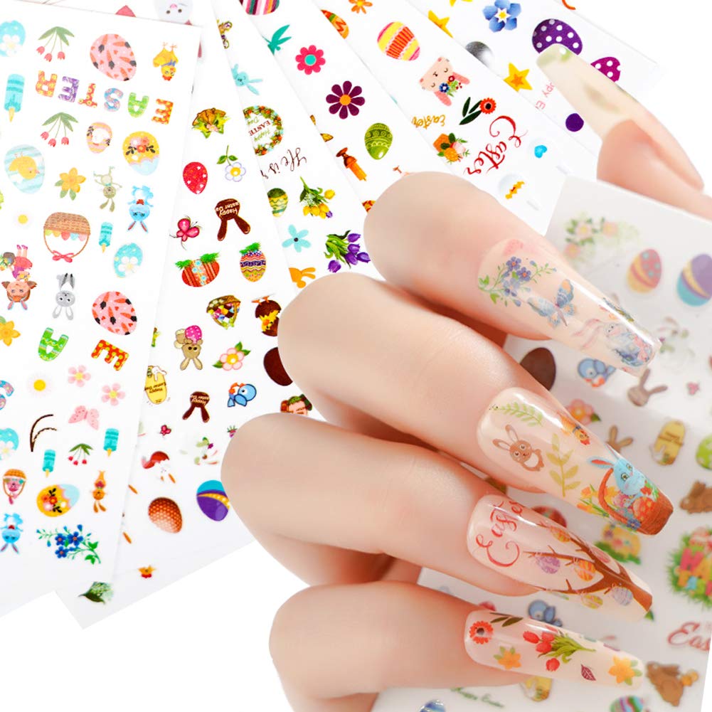 Easter Nail Art Stickers - 8 Sheets 3D Self-Adhesive Nail Decals with Bunny, Eggs & Chicken Designs - Cartoon Rabbit Manicure Decorations for Kids, Girls & Women - Perfect for Easter Parties, Spring Nail Art & DIY Home Manicures