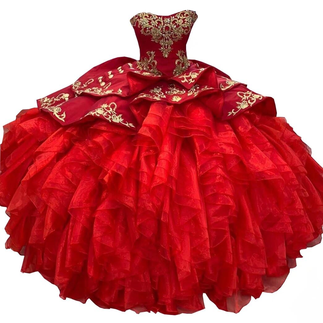 Elegant Gold Embroidered Strapless Ball Gown Quinceanera Prom Dress - Satin Ruffled Formal Evening Gown for 2025 - Perfect for Sweet 16, Homecoming, and Special Occasions