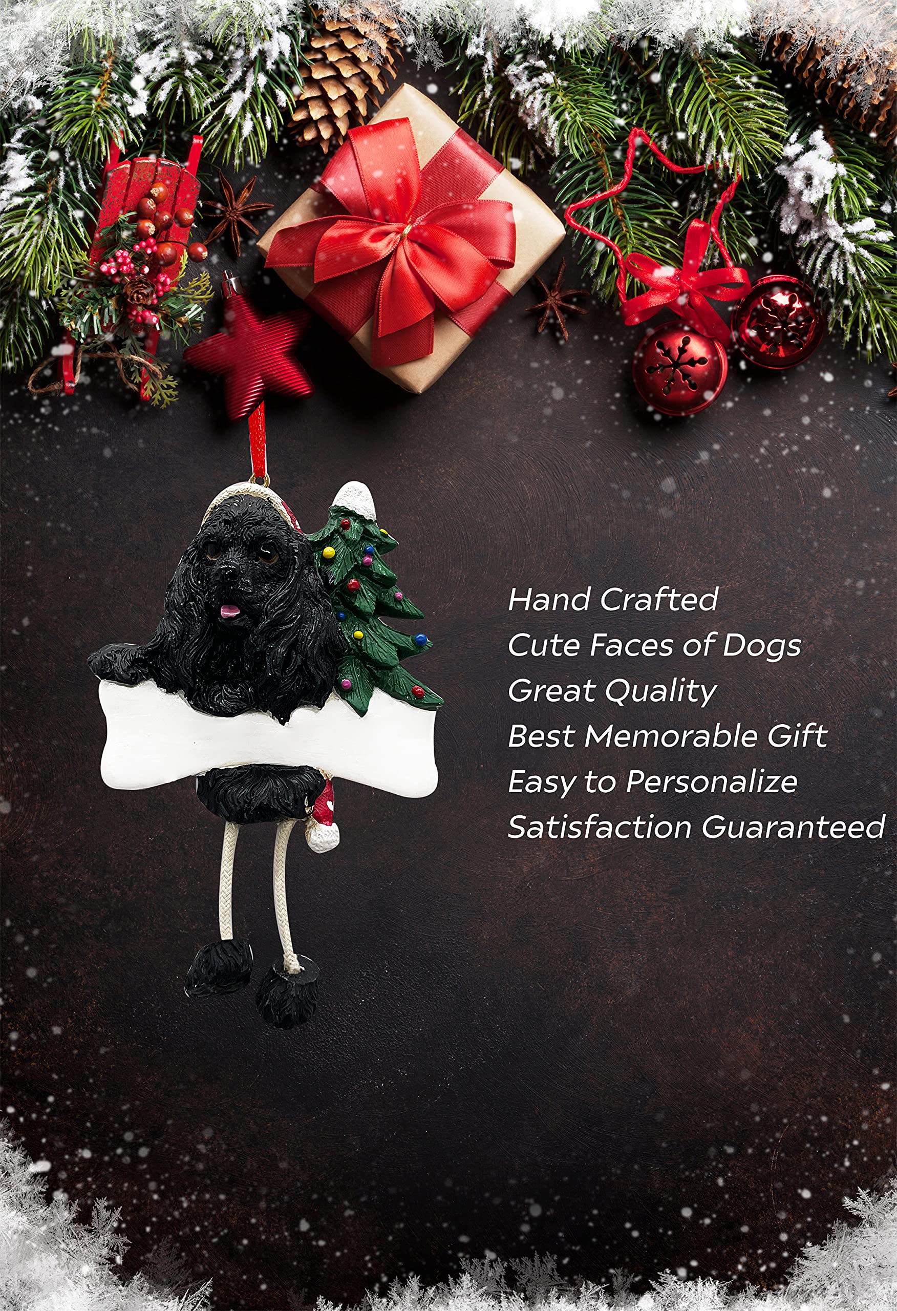 Hand-Painted Black Cocker Spaniel Christmas Ornament with Unique Dangling Legs - Personalized Dog Lover Gift for Tree Decor, Holiday Party & Home Decoration