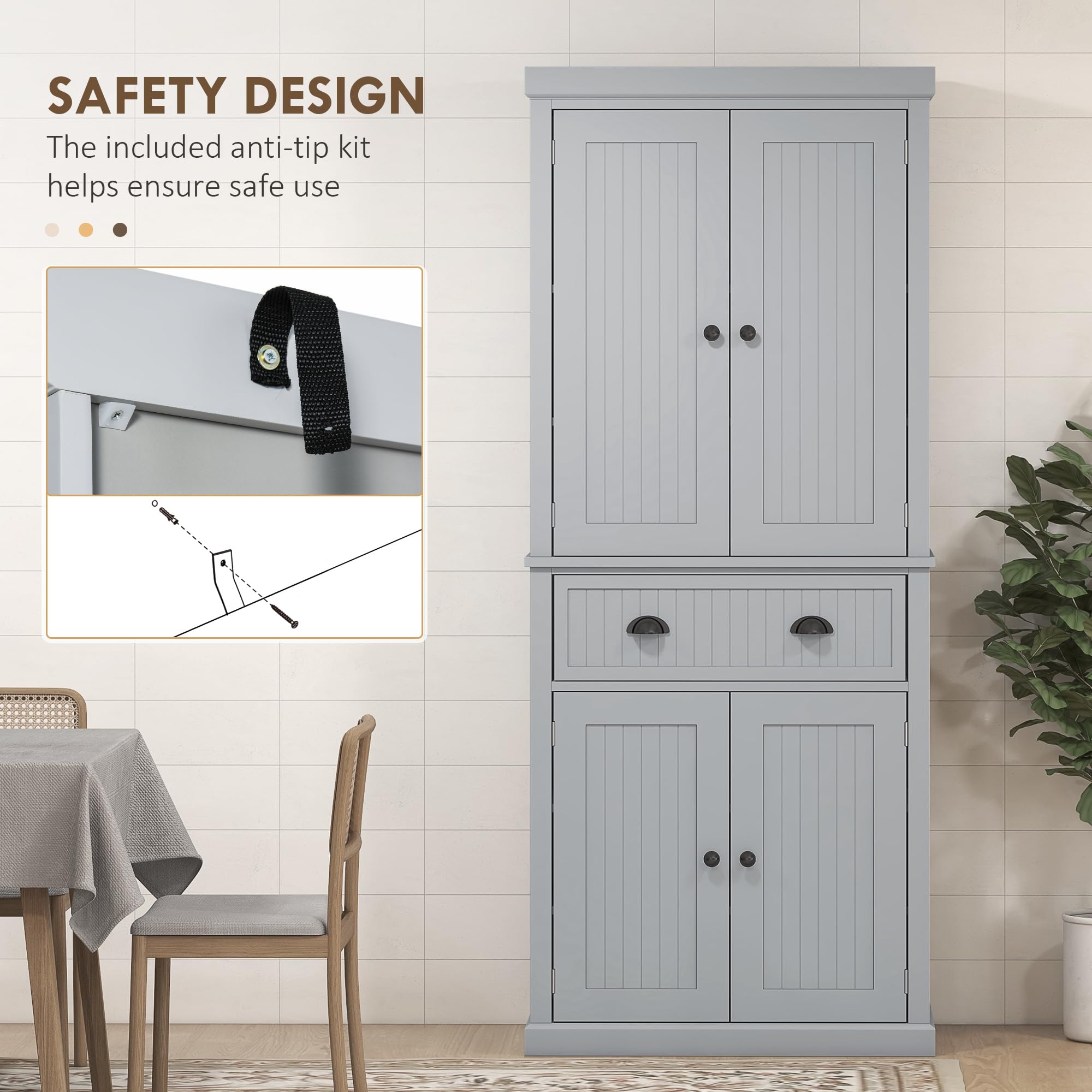 HOMCOM 72-Inch Traditional Kitchen Pantry Cabinet - Freestanding Tall Storage Cabinet with 4 Doors, 1 Drawer & 3 Adjustable Shelves for Dining Room, Living Room or Kitchen - Gray Wooden Cabinet for Home Organization & Storage