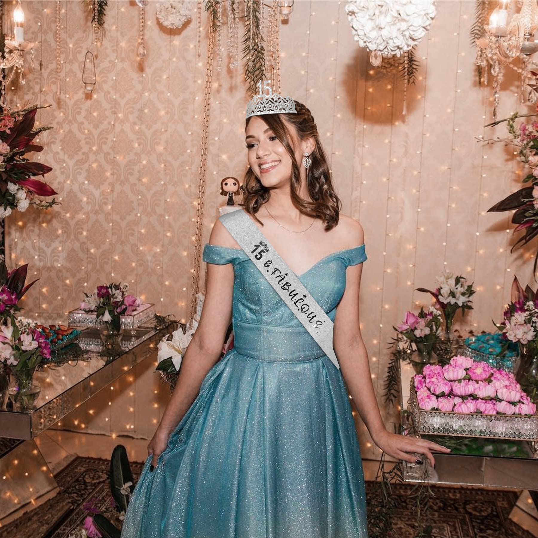 Happy 15th Birthday Decorations for Girls - 15 Year Old Birthday Party Supplies Set with Tiara & Sash | Perfect for Quinceañera, Sweet 16 Party & Teen Girl Celebration Decor