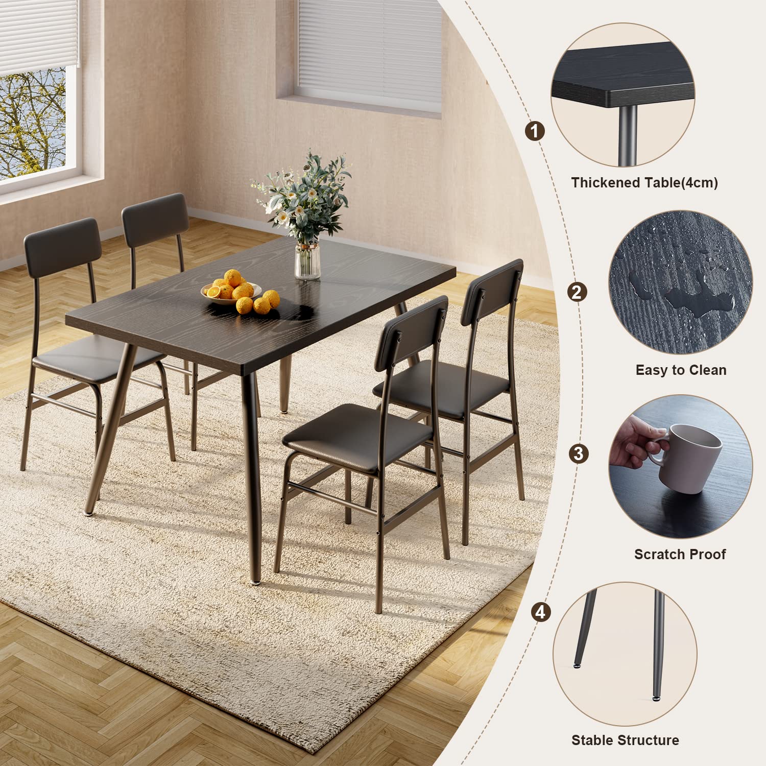 Gizoon 5-Piece Modern Dining Table Set for 4 - Metal & Wood Kitchen Table with 4 Chairs, Space-Saving Apartment Furniture for Small Spaces in Black | Perfect for Breakfast Nooks, Compact Kitchens & Cozy Dining Areas