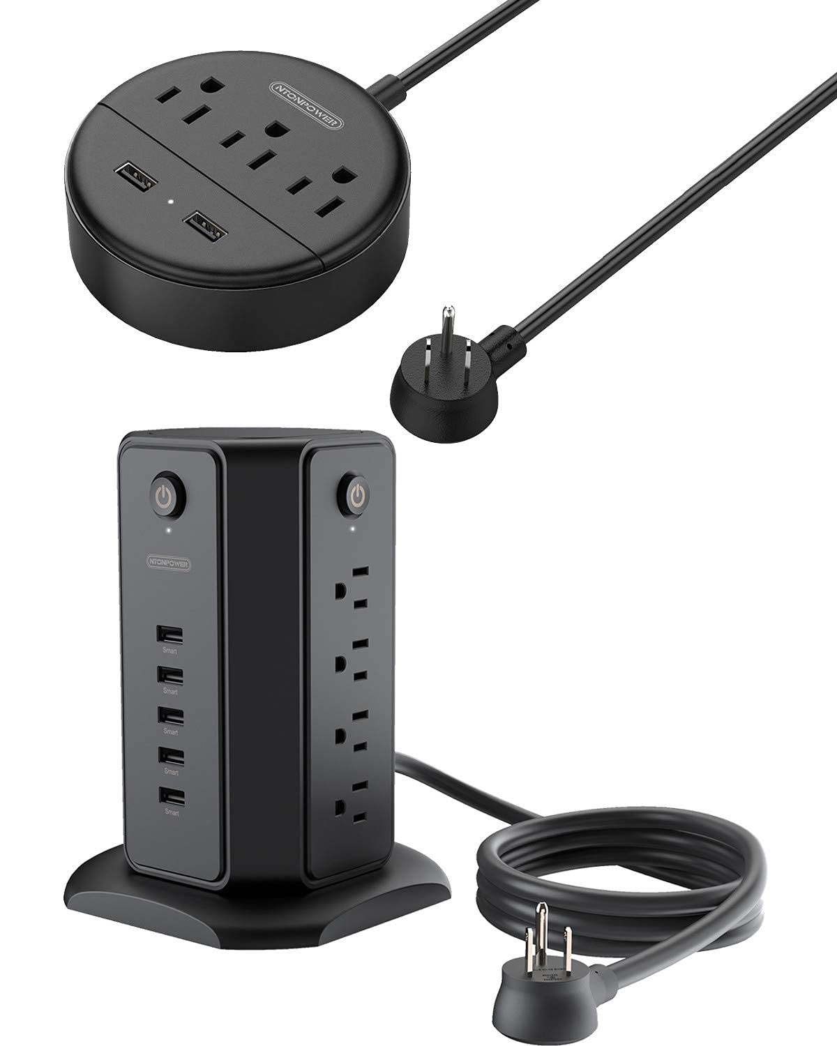NTONPOWER Desktop Power Strip with USB Ports, 6-Outlet Tower Power Strip & Extension Cord - Essential for Home Office, Dorm Room, Gaming Setup & Workspace Organization (Black)