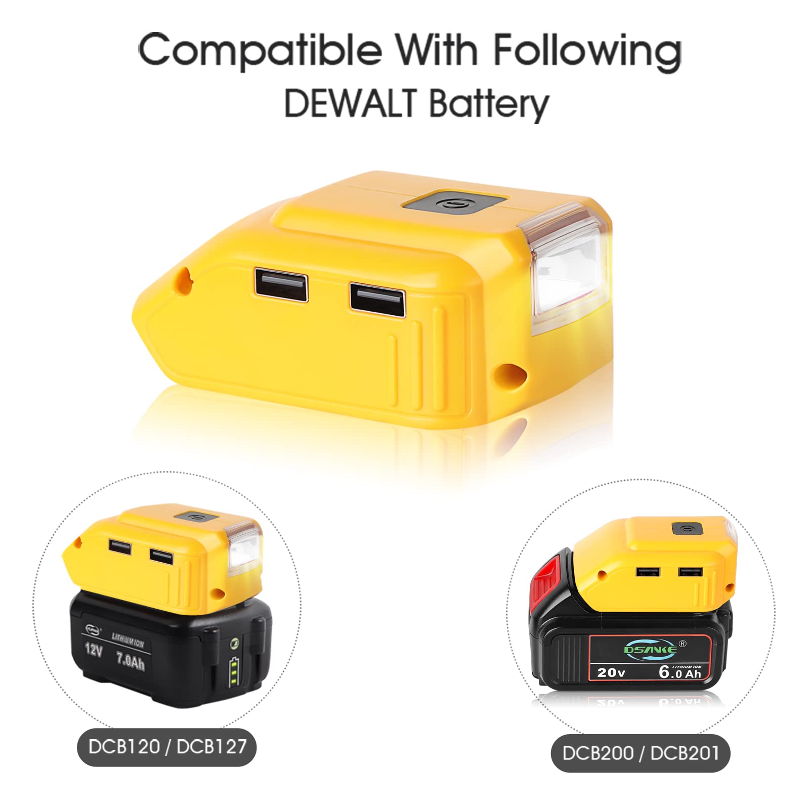 DSANKE USB Adapter Charger for Dewalt 20V Battery - Dual USB Ports, 12V DC Output & LED Work Light | Replacement for Dewalt DCB090 | Compatible with Dewalt 20V Batteries DCB200 DCB206 DCB609 DCB606 | Perfect for Job Sites, Camping & Emergency Power
