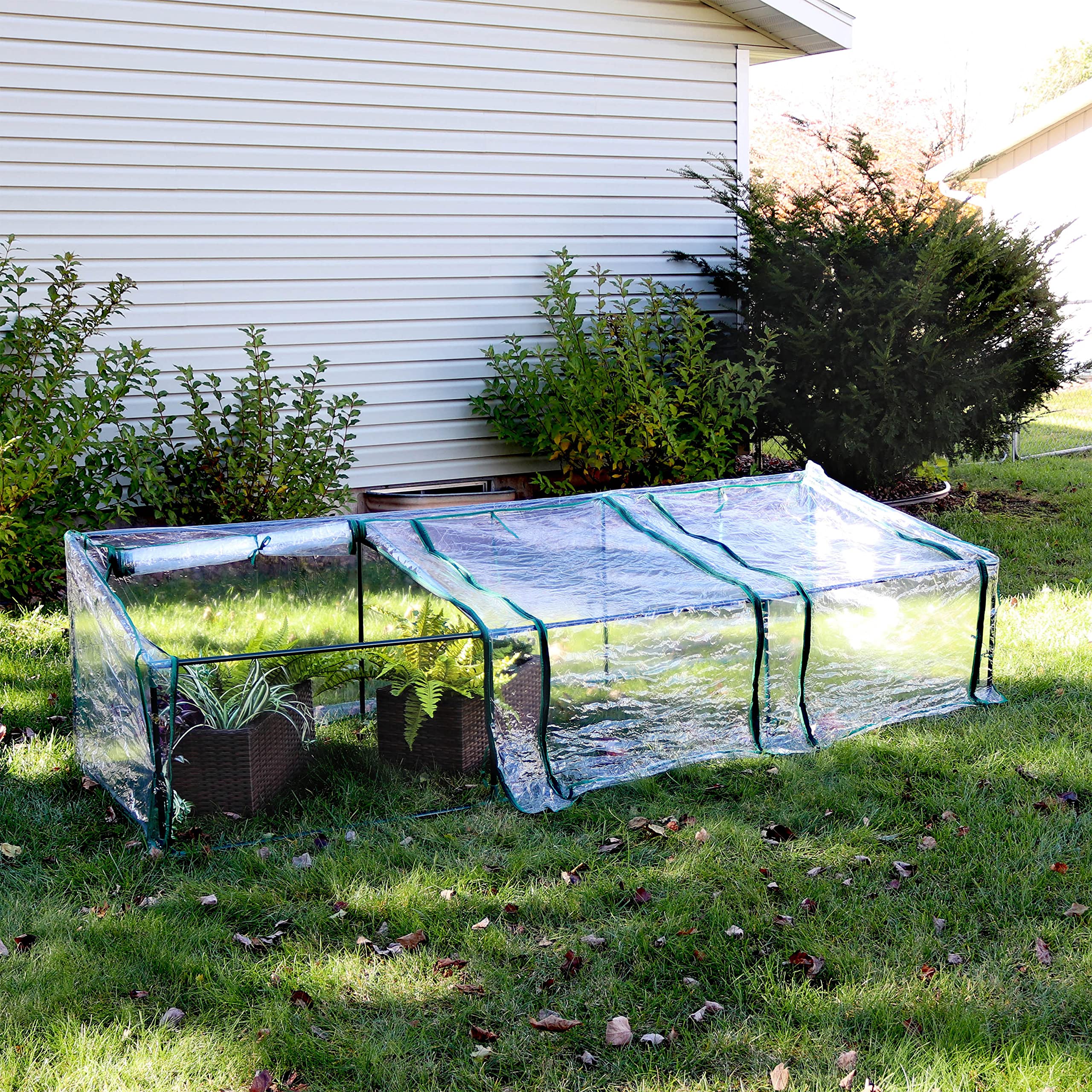 Sunnydaze Mini Cloche Greenhouse with Zipper Doors - Portable 3-Door Small Greenhouse with Slanted Roof & Sturdy Iron Frame - Clear PVC Cover for Outdoor Plant Protection - Perfect for Seed Starting, Herb Gardening & Winter Plant Shelter