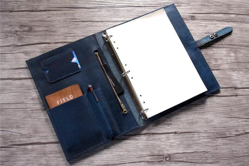 Distressed Blue Personalized Leather Portfolio with Zipper - Professional Document Organizer for Business Meetings & Office Use