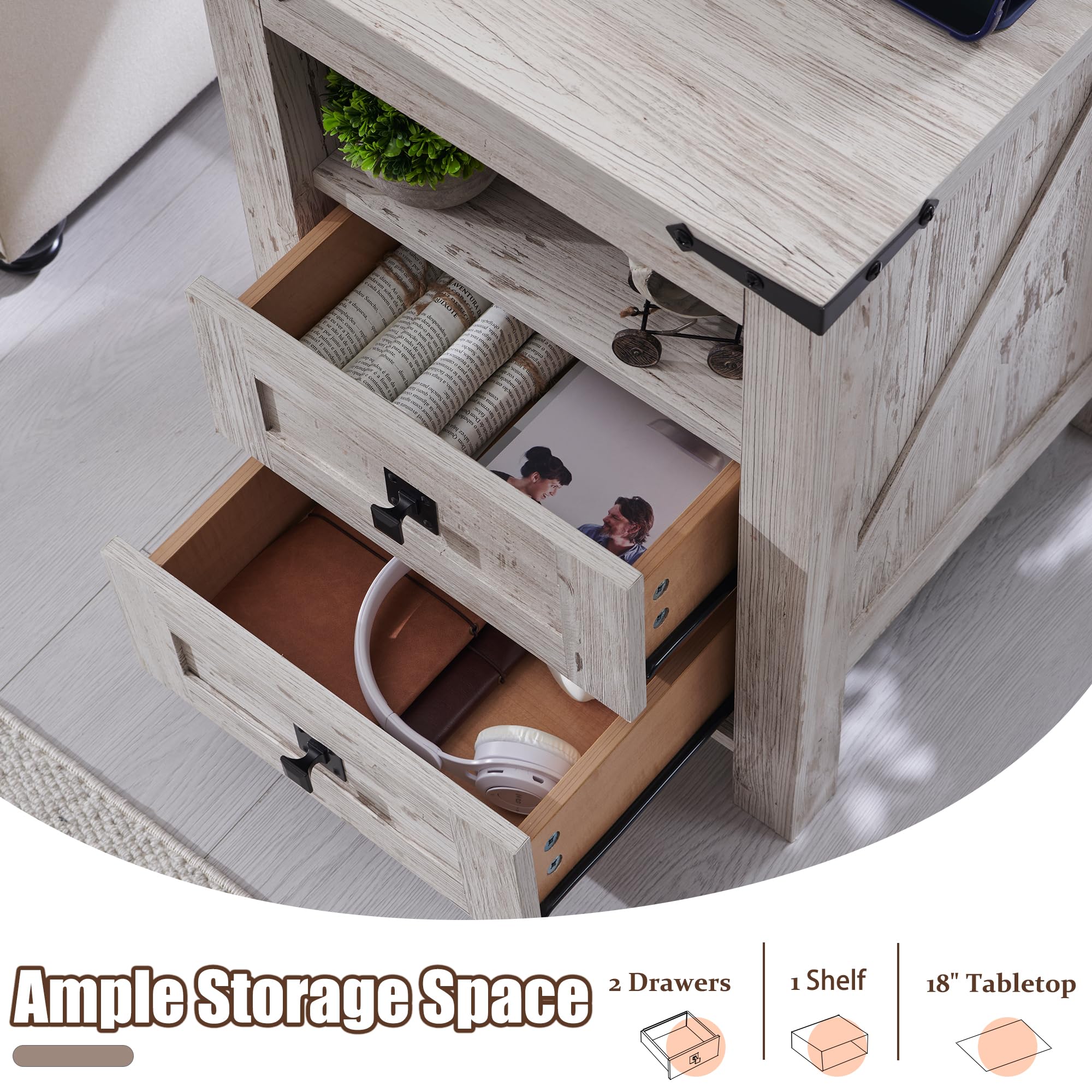 T4TREAM Nightstand with USB Charging Station, 2-Drawer Storage Cabinet - Rustic Wood End Table for Bedroom, Living Room & Farmhouse Decor - Antique White Finish | Perfect Bedside Table with Phone Charger & Storage Space