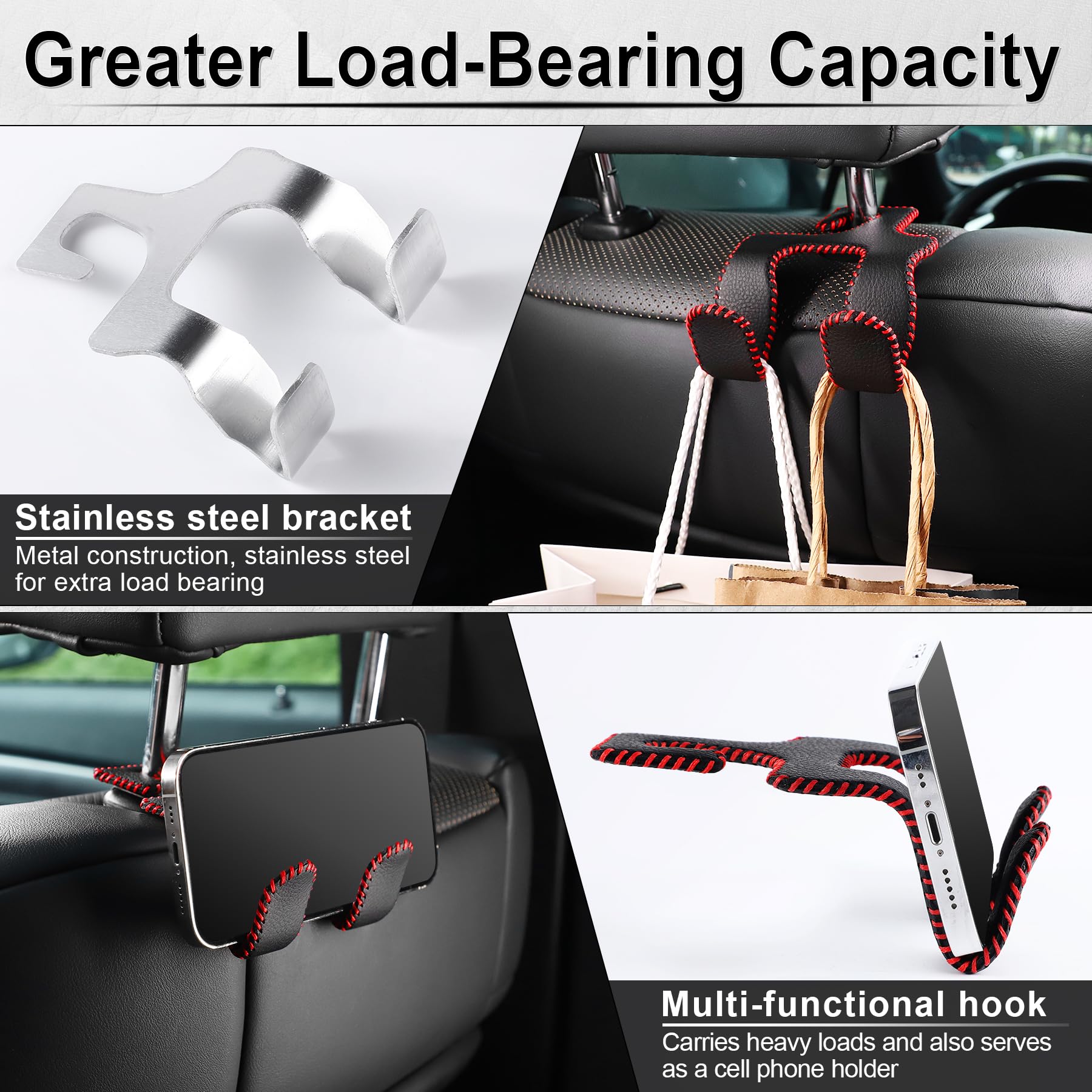 Upgraded Leather Car Seat Hook Organizer - 2-in-1 Headrest Hanger for Purses, Coats & Grocery Bags - Premium Auto Interior Accessories (Black/Red) - Perfect for Road Trips, Shopping & Daily Commute