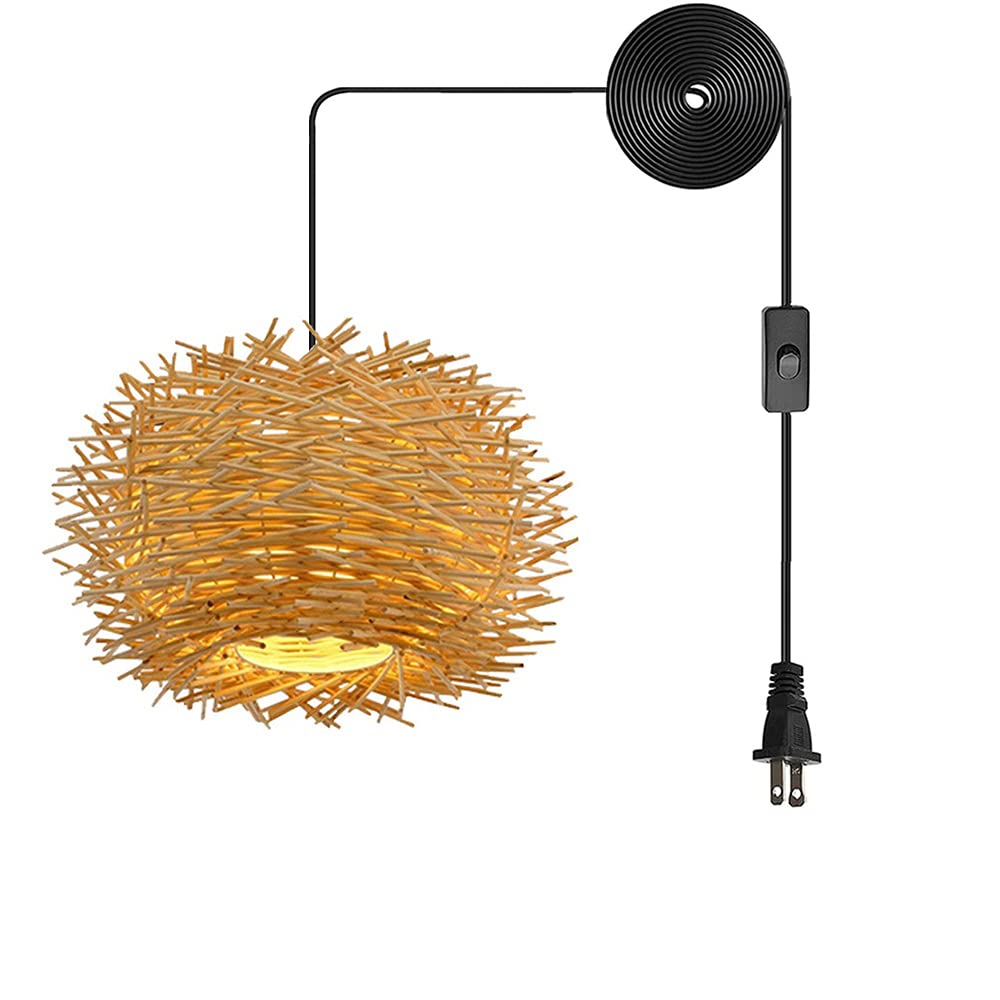Modern Rattan Pendant Light Fixture - Adjustable Plug-in Hanging Lamp for Dining Room, Kitchen, Bedroom & Restaurant | Natural Woven Ceiling Lighting with Nest Design | Indoor Decorative Lighting for Home & Commercial Spaces