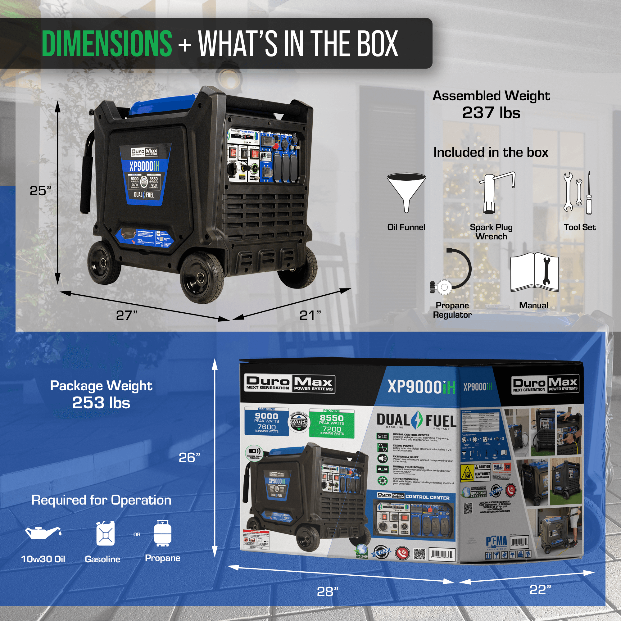 9,000 Watt Dual Fuel Portable Inverter Generator with CO Alert - Reliable Backup Power for Home, Camping & Emergency Use