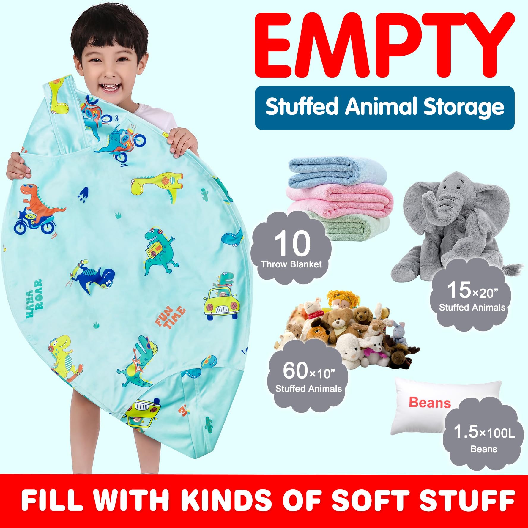 Lukeight Dinosaur Stuffed Animal Storage Bean Bag Chair Cover - Large Dino Blue for Kids & Toddlers | Organize Plush Toys in Bedroom, Playroom & Nursery | Soft, Durable & Washable Fabric