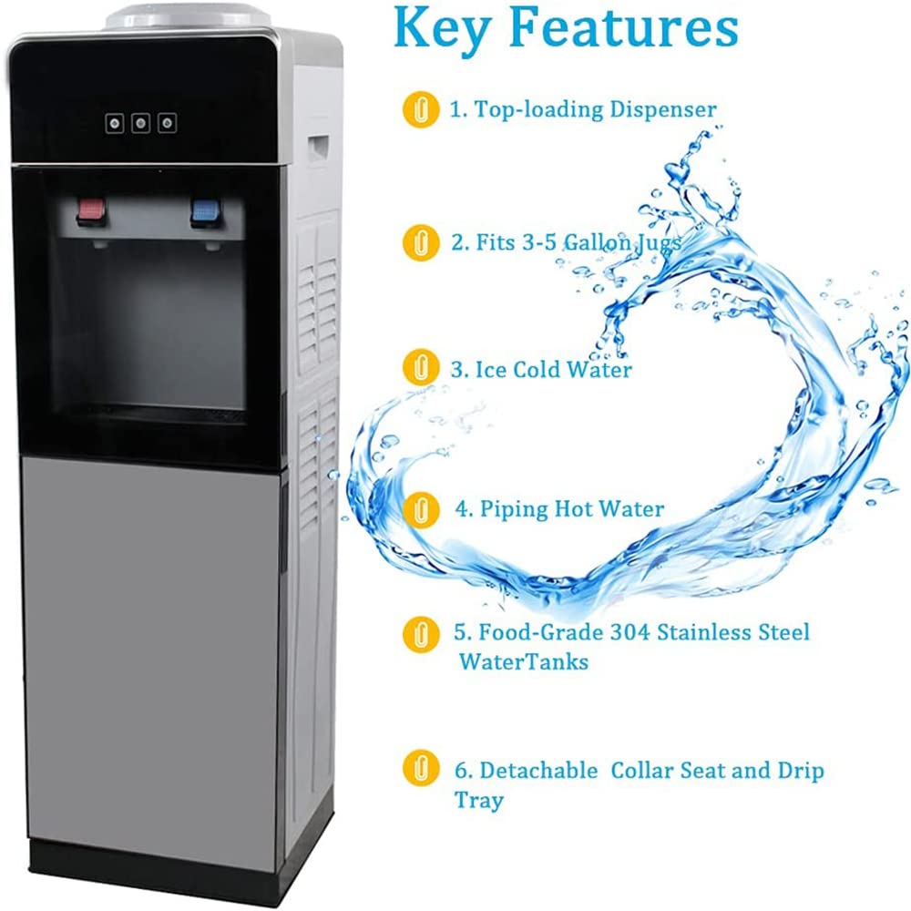 Top Loading Hot & Cold Water Cooler Dispenser for Home & Office - 3/5 Gallon Bottle Capacity with Removable Drip Tray & Storage Cabinet - Ideal for Kitchen, Living Room, Office Break Room (Black)