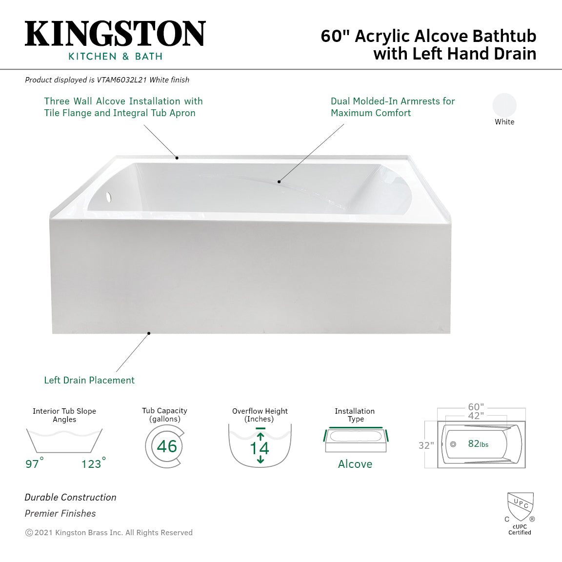 Aqua Eden VTAM6032L21 60-Inch Acrylic Rectangular 3-Wall Alcove Bathtub with Armrests, Left Drain, Glossy White - Perfect for Modern Bathrooms, Spa-Like Relaxation, and Small Space Solutions