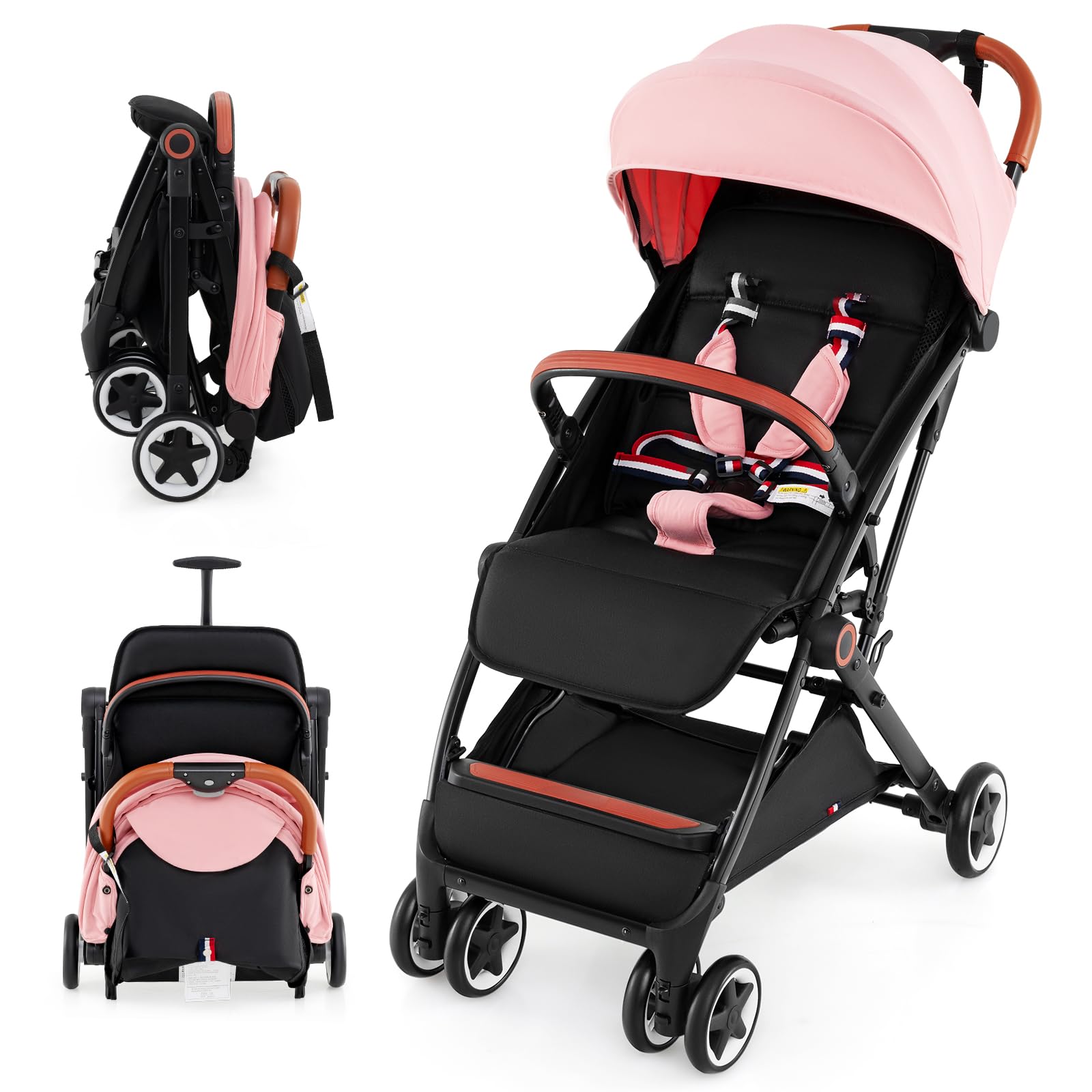 HONEY JOY Lightweight Compact Baby Stroller - One-Hand Fold Travel Stroller for Airplane, Fits Cabin & Overhead Bins, Self-Standing Toddler Stroller with Adjustable Backrest & Canopy (Pink) | Perfect for Air Travel, Shopping, and Daily Walks