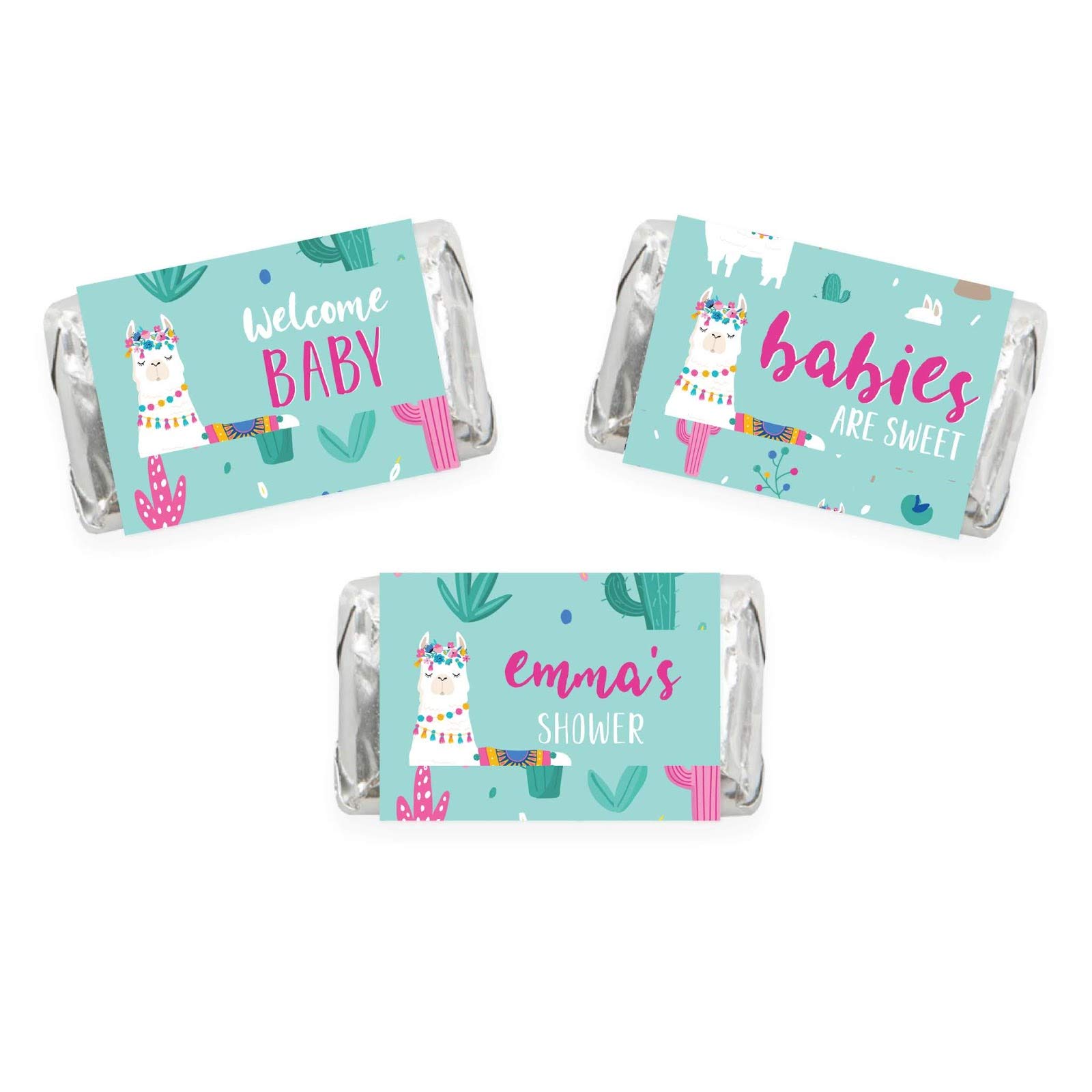 Personalized Llama and Cactus Baby Shower Chocolate Mini Labels - 36 Pack Fits Chocolate Miniatures - Boho Party Favors & Alpaca Themed Decor for Baby Showers, Birthdays & Special Events