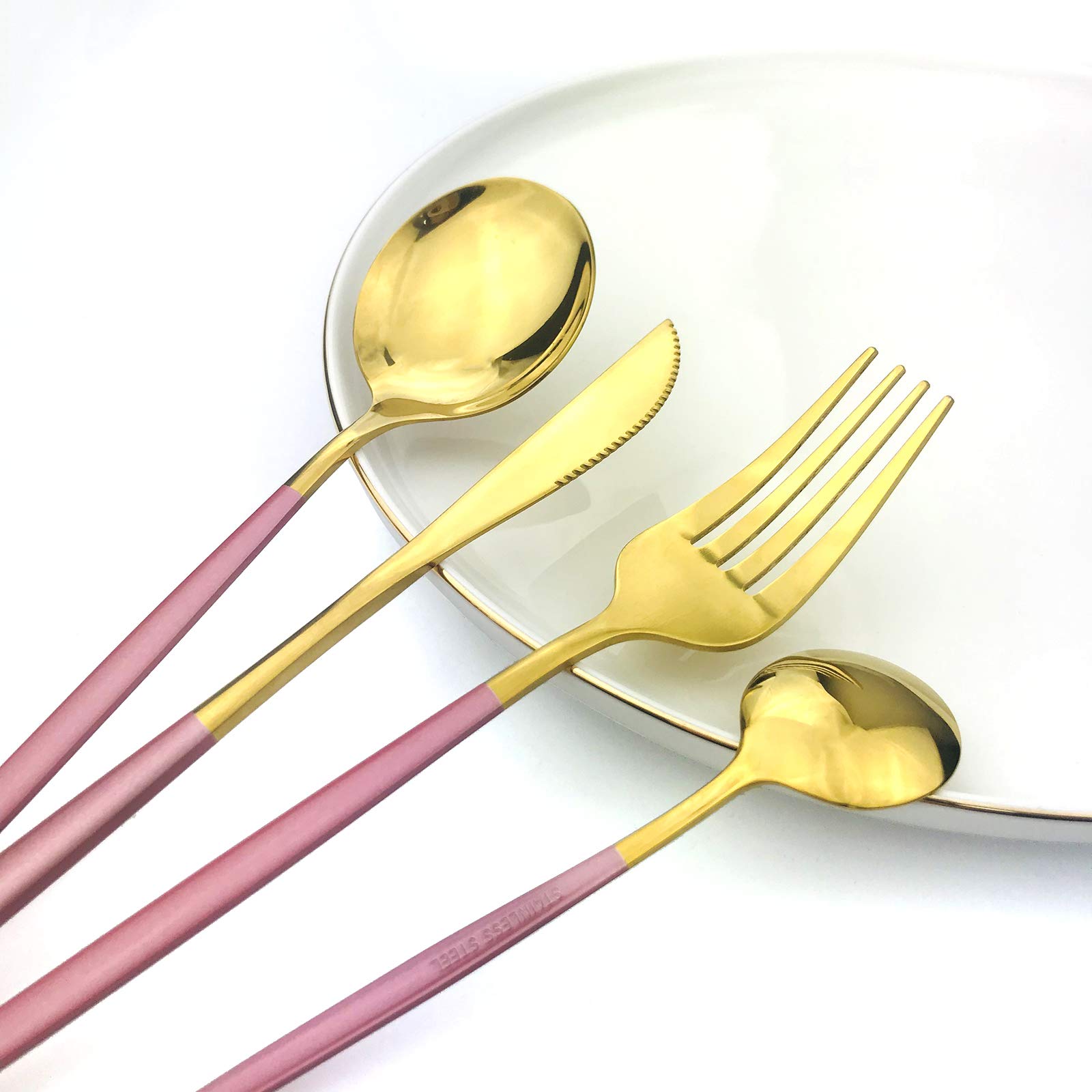 24-Piece Gold Mirror Silverware Set with Pink Handle - 18/0 Stainless Steel Flatware Cutlery (Knife, Fork, Spoon & Teaspoon) - Service for 4 - Elegant Dinnerware for Wedding, Party & Home Dining