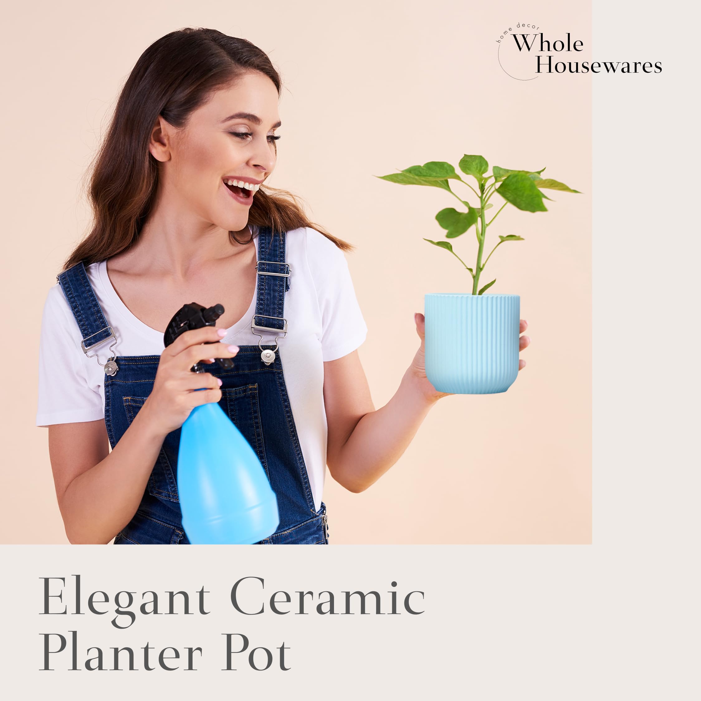 WHOLE HOUSEWARES Ceramic Flower Pot with Drainage Hole - Modern Indoor Outdoor Planters for Succulents, Herbs & Houseplants - Retro Style Decorative Planter in Light Blue - Perfect for Home, Office, Balcony & Garden Decor