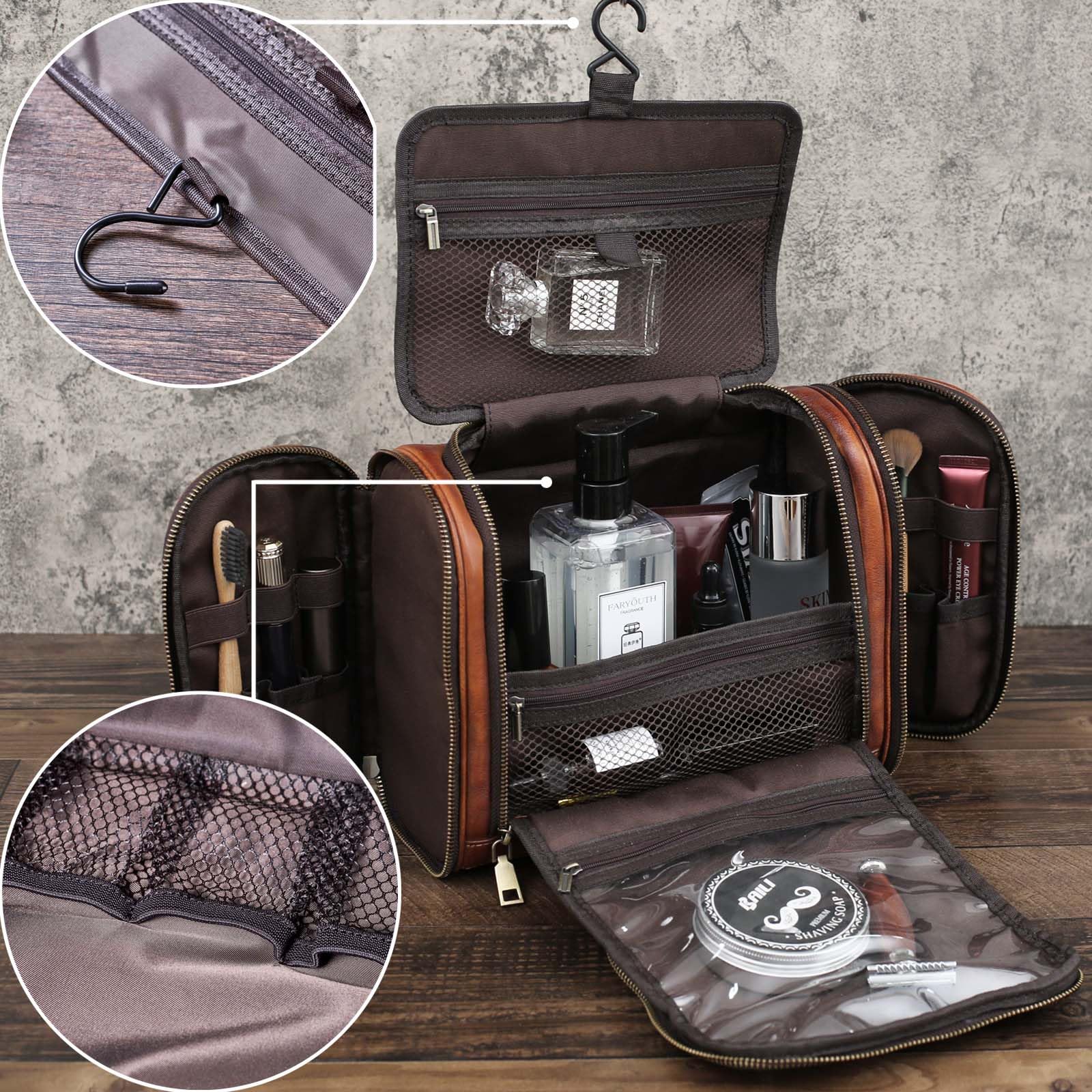 Premium Genuine Leather Toiletry Bag for Men - Large Water-Resistant Travel Hanging Organizer for Shaving Kit, Cosmetics & Makeup | Ideal for Business Trips, Gym, Camping & Vacation Essentials