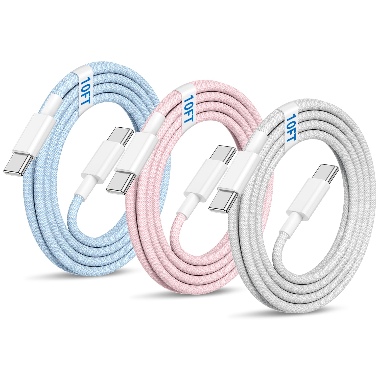 3-Pack 10ft USB C to USB C Fast Charging Cable 60W - Braided Durable Type C Charger Cord for iPhone 16/15 Series, iPad Pro/Air/Mini, MacBook Air, Samsung Galaxy - Perfect for Home, Office & Travel Charging